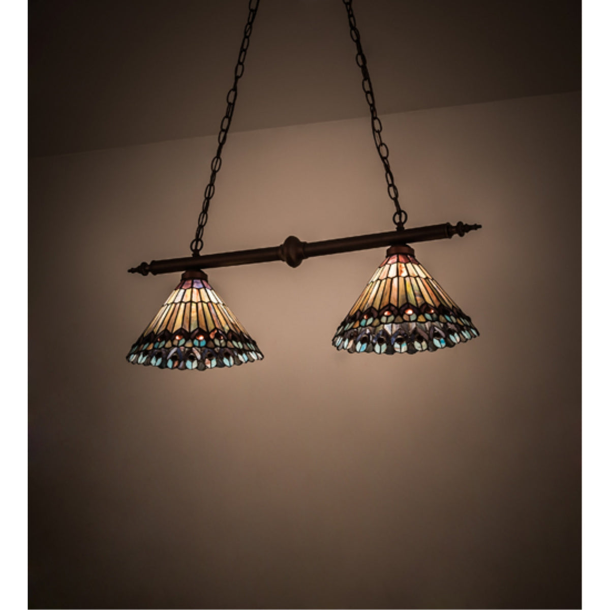 34'L Tiffany Jeweled Peacock 2 Lt Island Pendant
