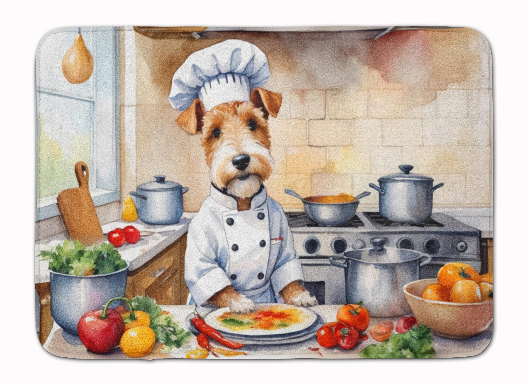 Carolines Treasures Fox Terrier The Chef Memory Foam Kitchen Mat Machine Washable Anti-Fatigue Mat Cushion Comfort Bath Mat or Kitchen Rug