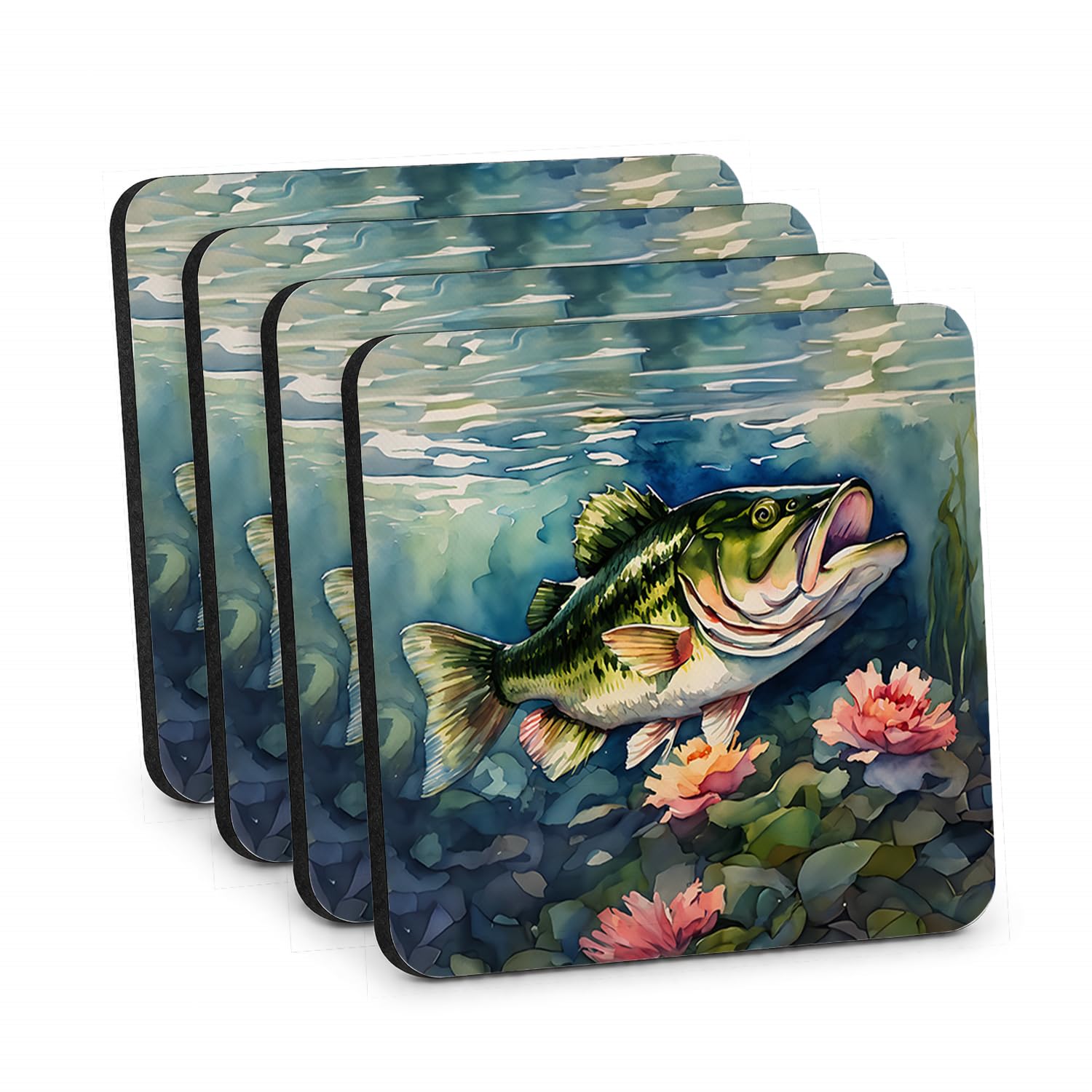 Carolines Treasures Largemouth Bass Foam Coasters Set of 4 Cup Coasters for Indoor Outdoor, Tabletop Protection, Anti Slip, Mouse pad Material