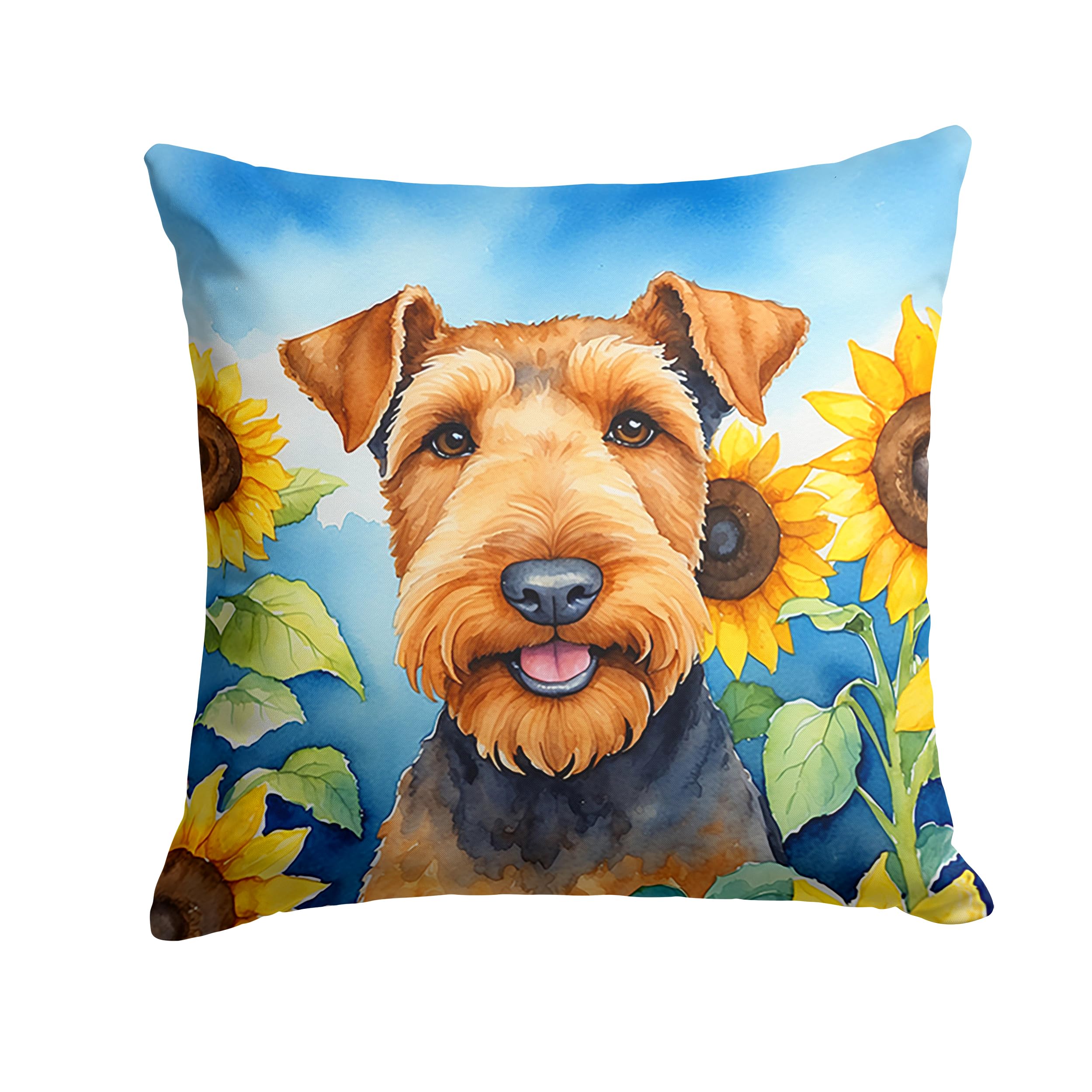 Carolines Treasures in Sunflowers Throw Pillow, 14Hx14W, Airedale Terrier 6002