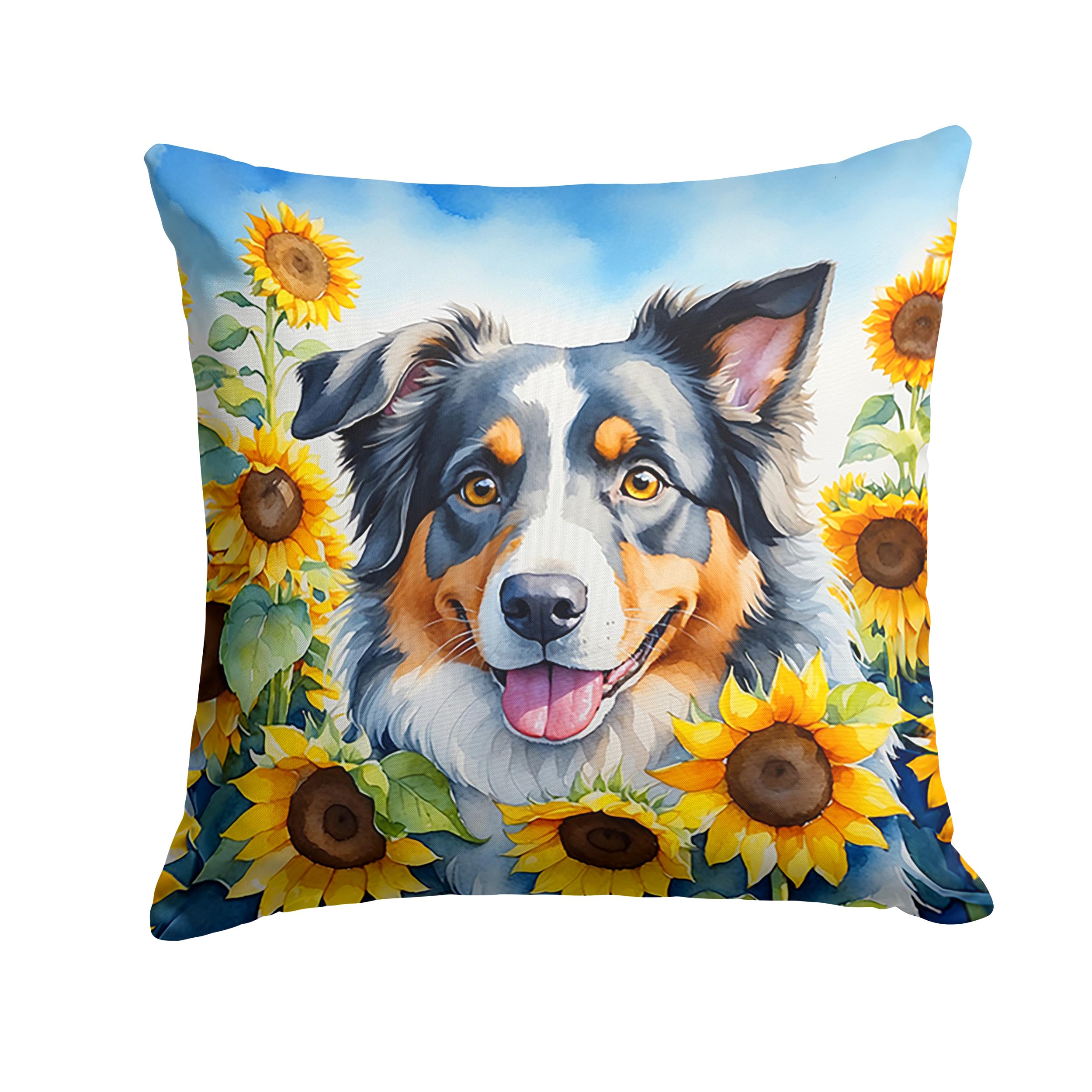 Carolines Treasures in Sunflowers Throw Pillow, 14Hx14W, Australian Shepherd 6014