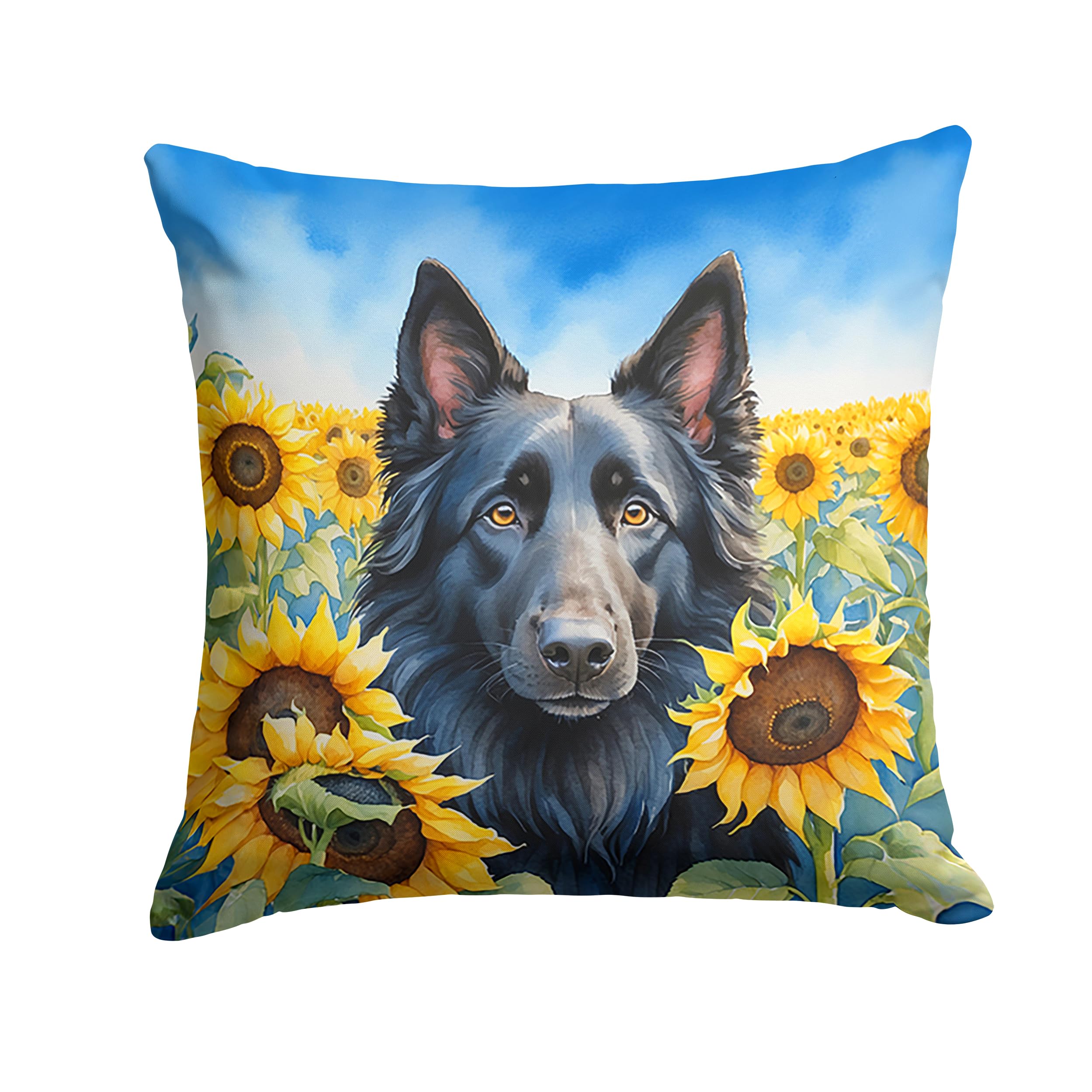 Carolines Treasures in Sunflowers Throw Pillow, 14Hx14W, Belgian Sheepdog 6023