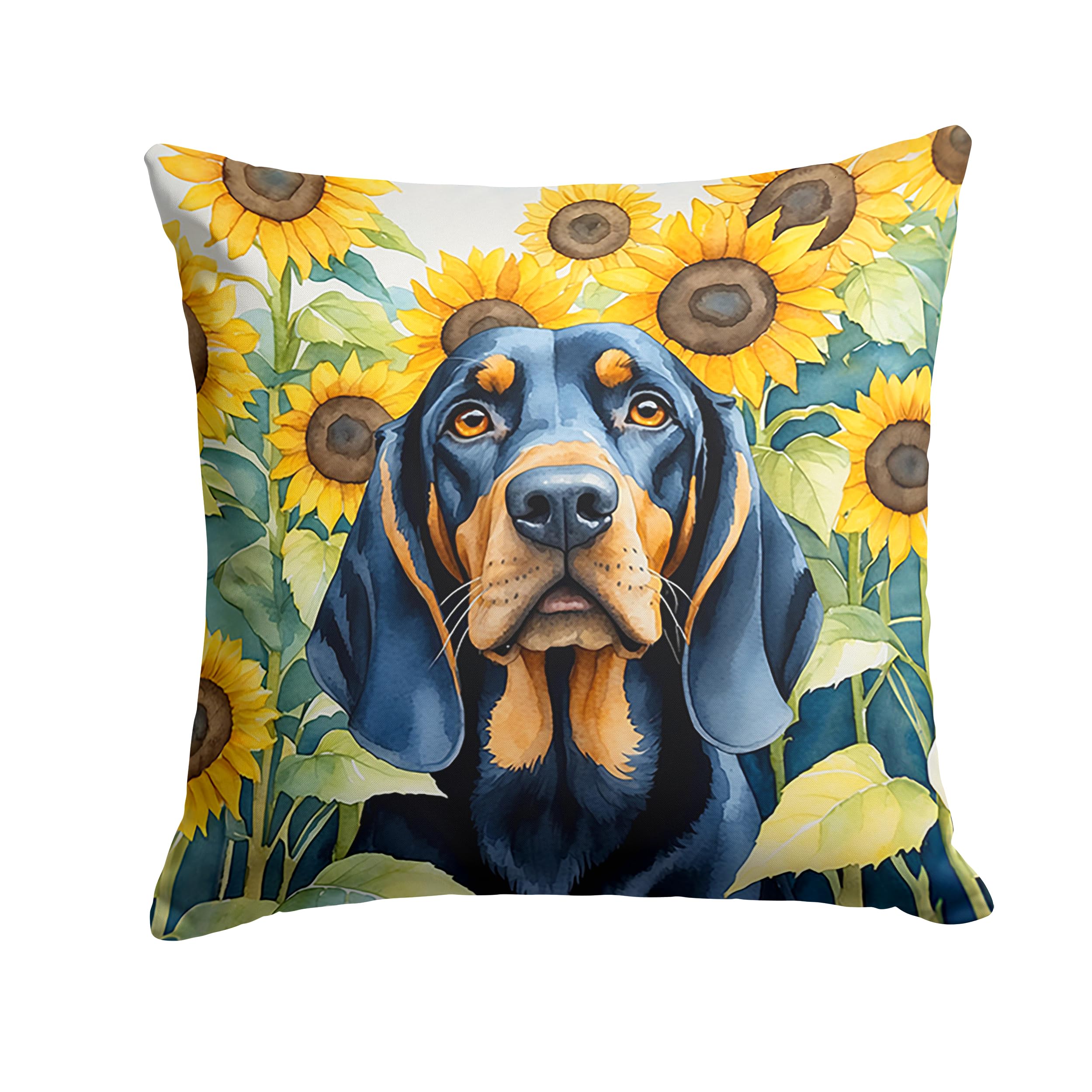 Carolines Treasures in Sunflowers Throw Pillow, 14Hx14W, Black and Tan Coonhound 6028