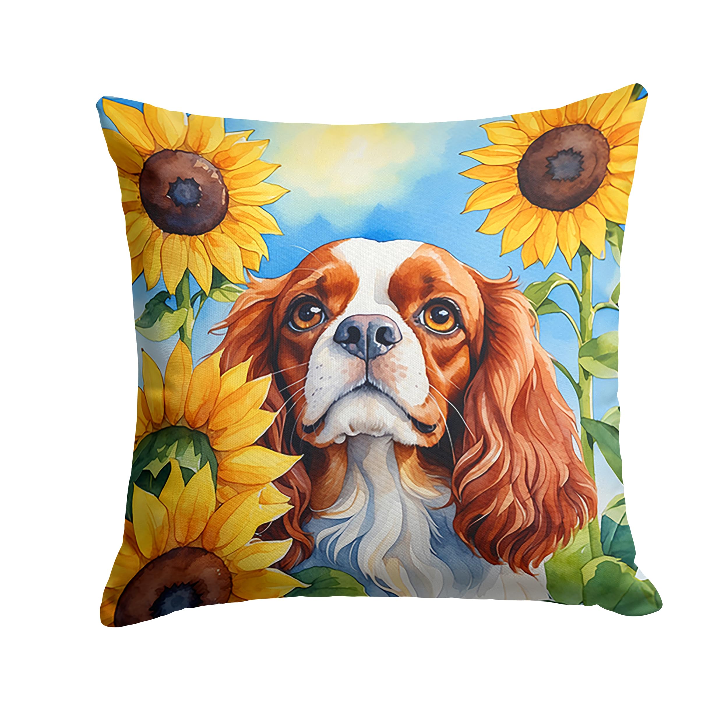 Carolines Treasures in Sunflowers Throw Pillow, 14Hx14W, Cavalier Spaniel 6047