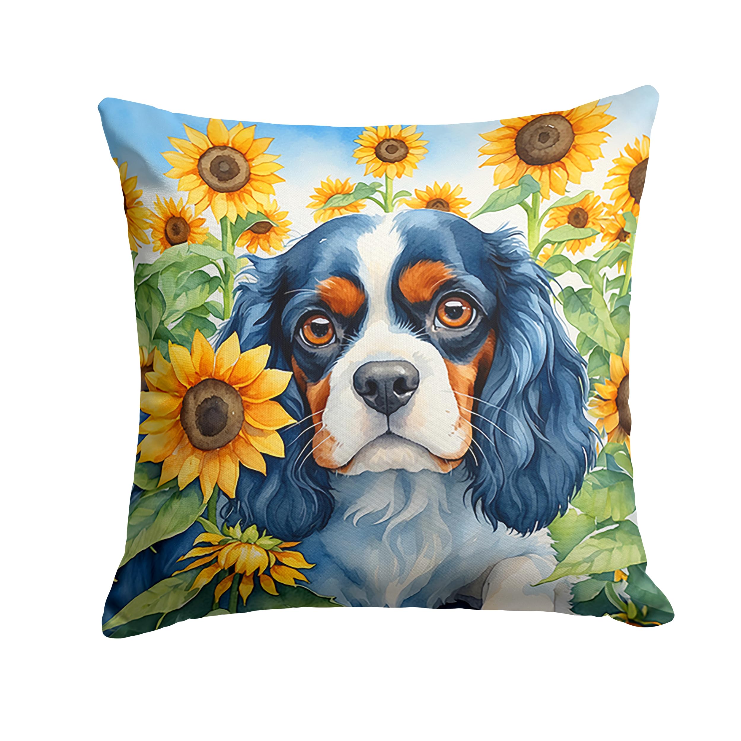 Carolines Treasures in Sunflowers Throw Pillow, 14Hx14W, Cavalier Spaniel 6049
