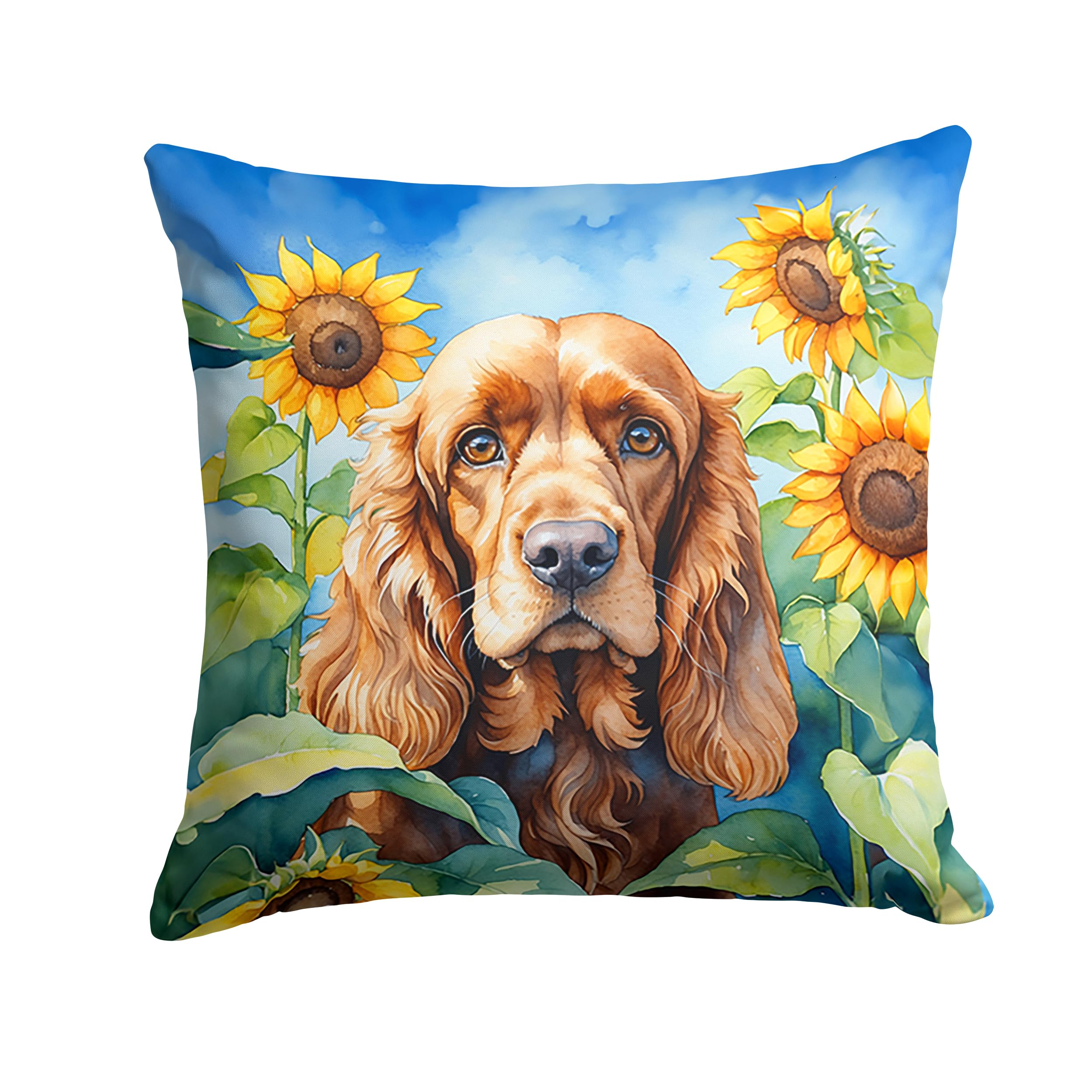 Carolines Treasures in Sunflowers Throw Pillow, 14Hx14W, Cocker Spaniel 6059
