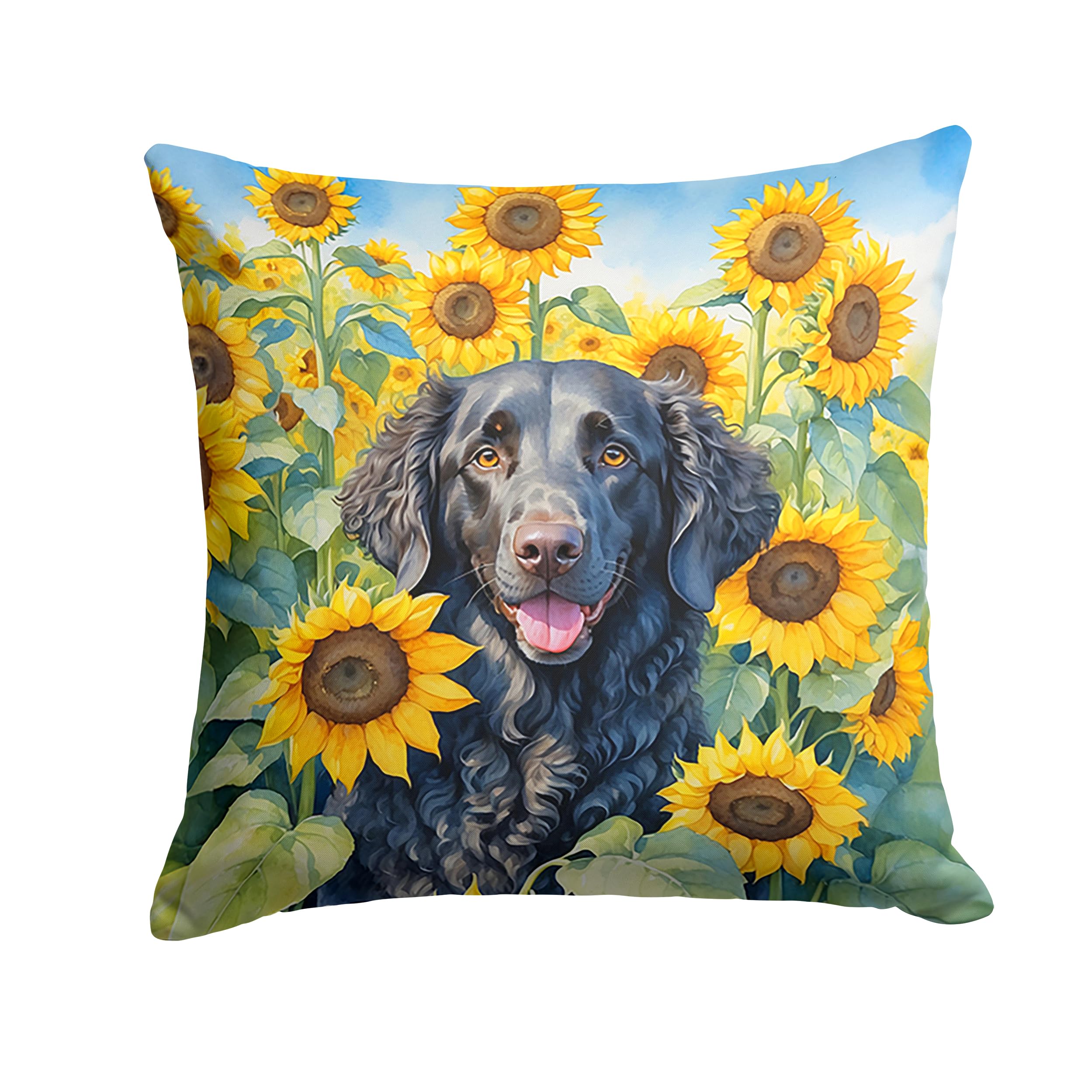 Carolines Treasures in Sunflowers Throw Pillow, 14Hx14W, Curly-Coated Retriever 6064