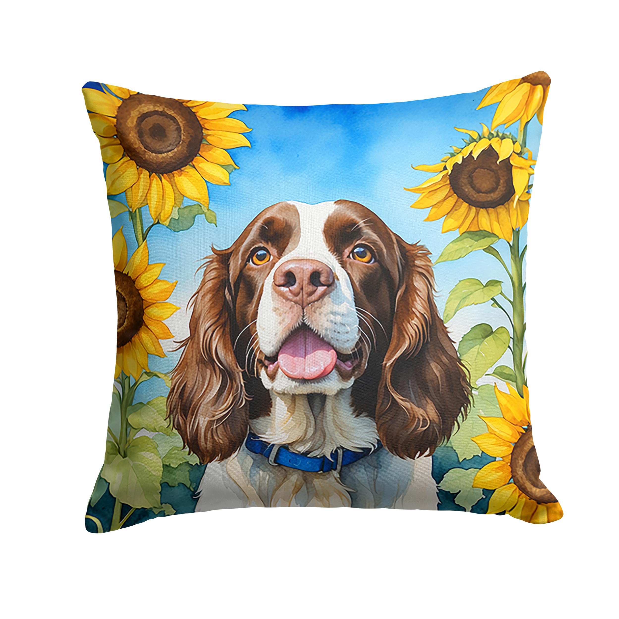 Carolines Treasures in Sunflowers Throw Pillow, 14Hx14W, English Springer Spaniel 6076