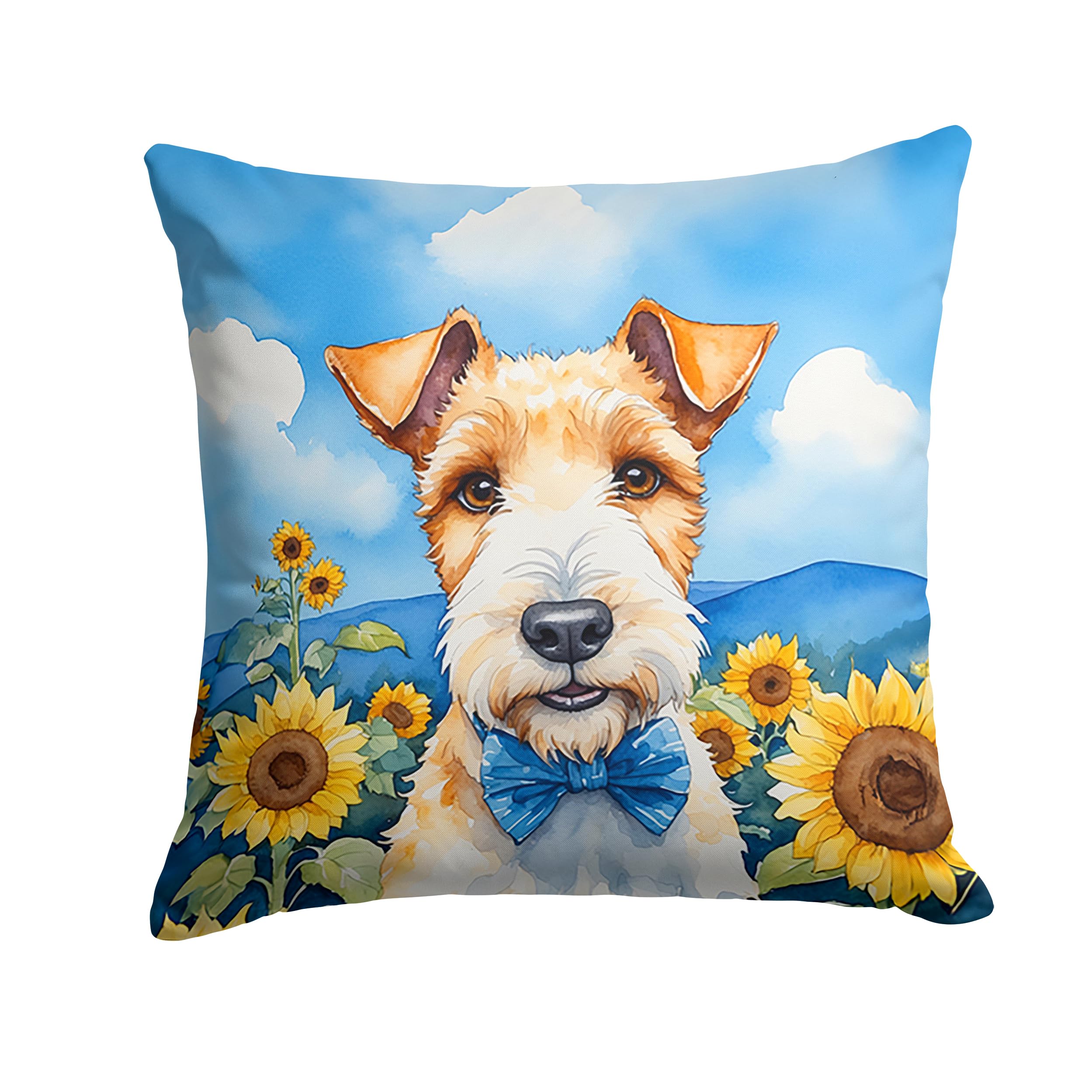 Carolines Treasures in Sunflowers Throw Pillow, 14Hx14W, Fox Terrier 6079
