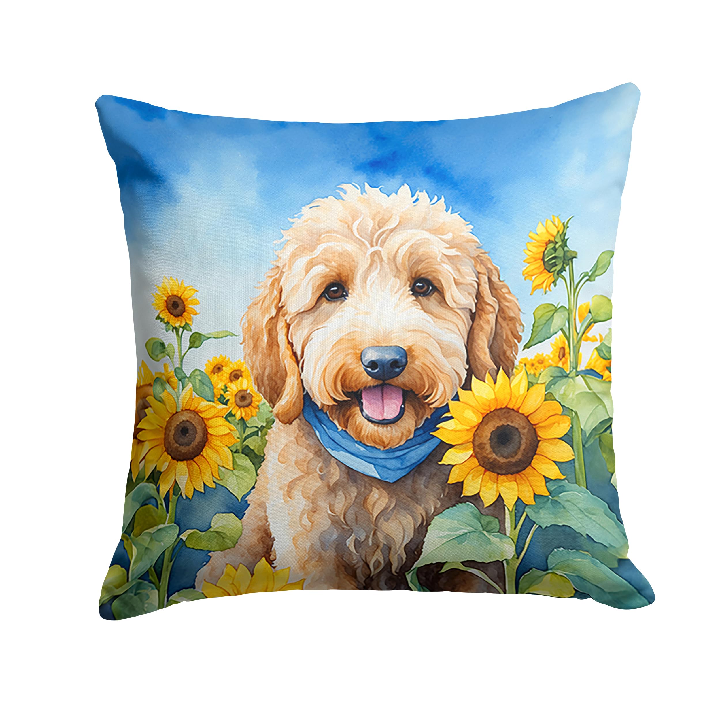 Carolines Treasures in Sunflowers Throw Pillow, 14Hx14W, Goldendoodle 6089