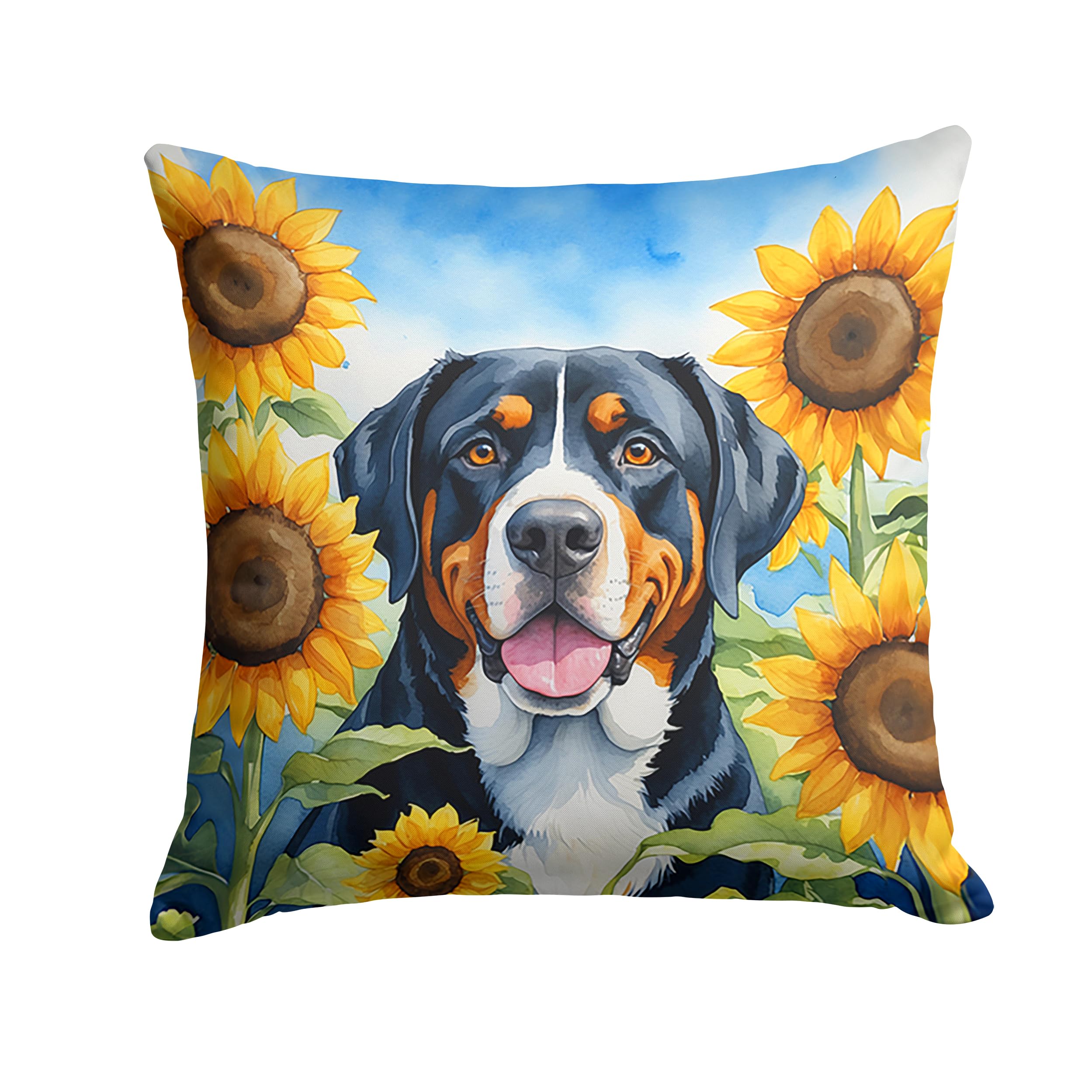 Carolines Treasures in Sunflowers Throw Pillow, 14Hx14W, Greater Swiss Mountain Dog 6094