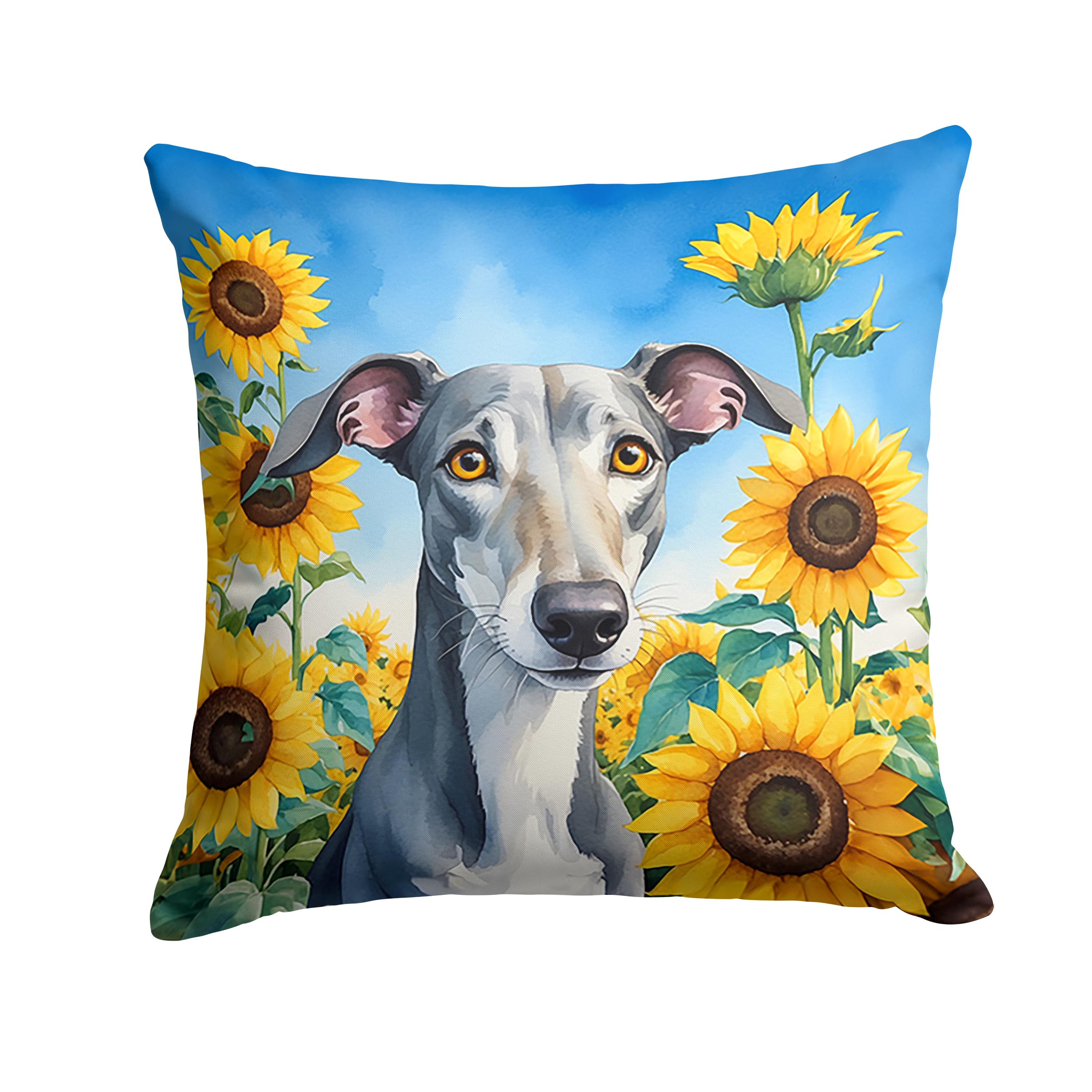 Carolines Treasures in Sunflowers Throw Pillow, 14Hx14W, Greyhound 6096