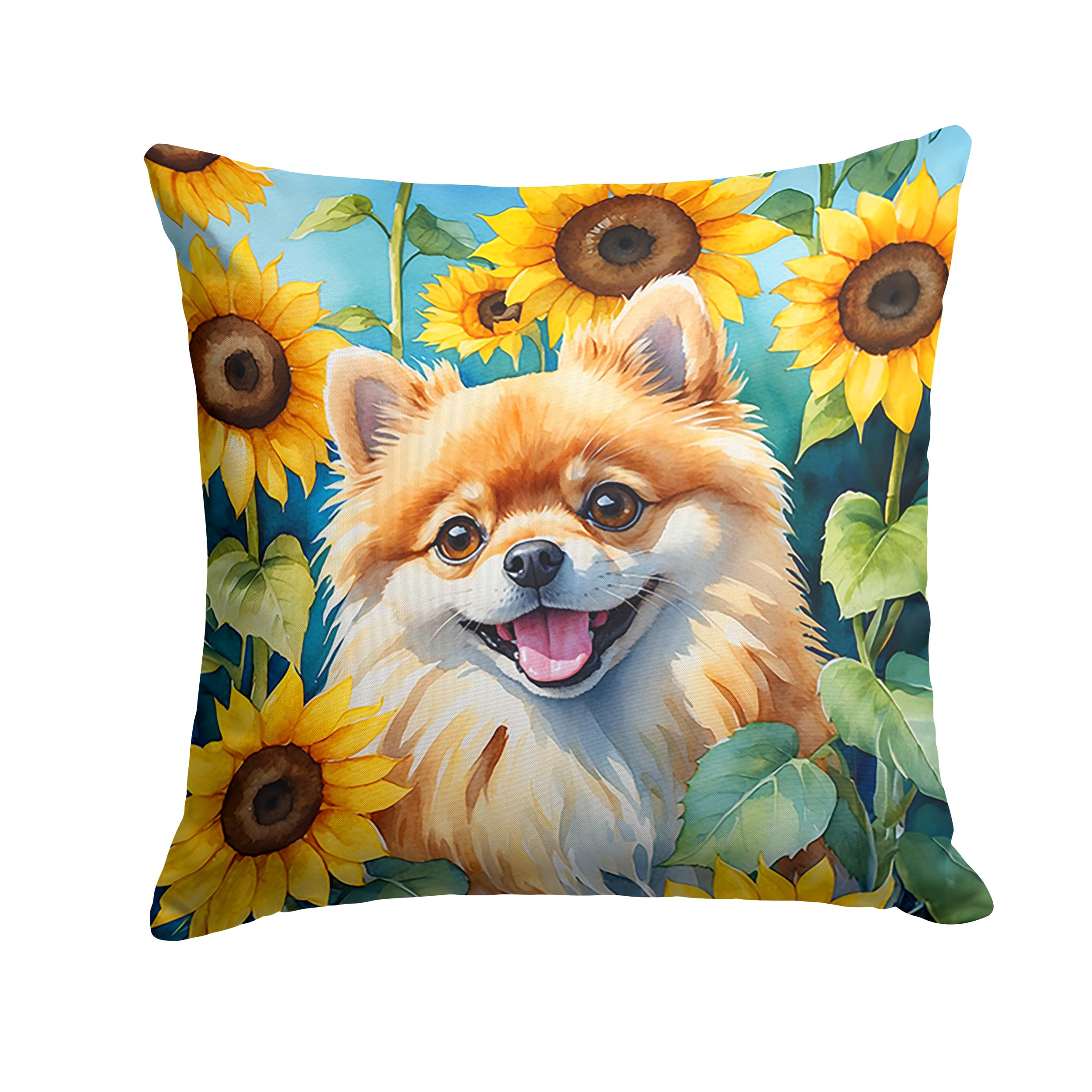 Carolines Treasures in Sunflowers Throw Pillow, 14Hx14W, Pomeranian 6136