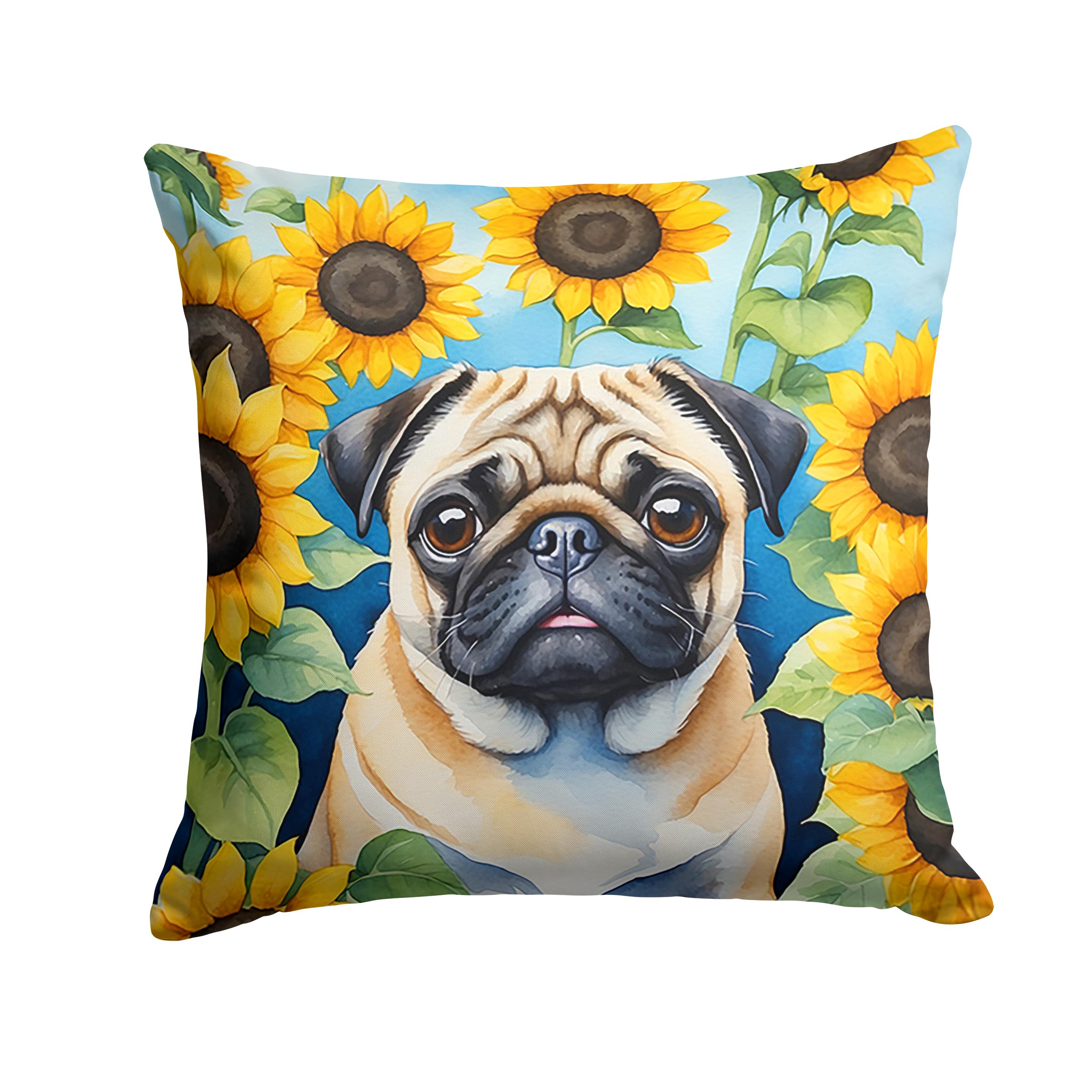 Carolines Treasures in Sunflowers Throw Pillow, 14Hx14W, Pug 6145
