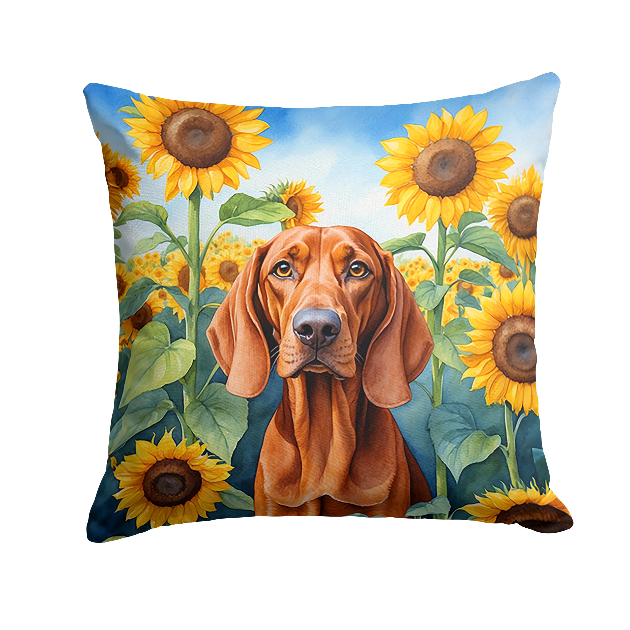 Carolines Treasures in Sunflowers Throw Pillow, 14Hx14W, Redbone Coonhound 6148