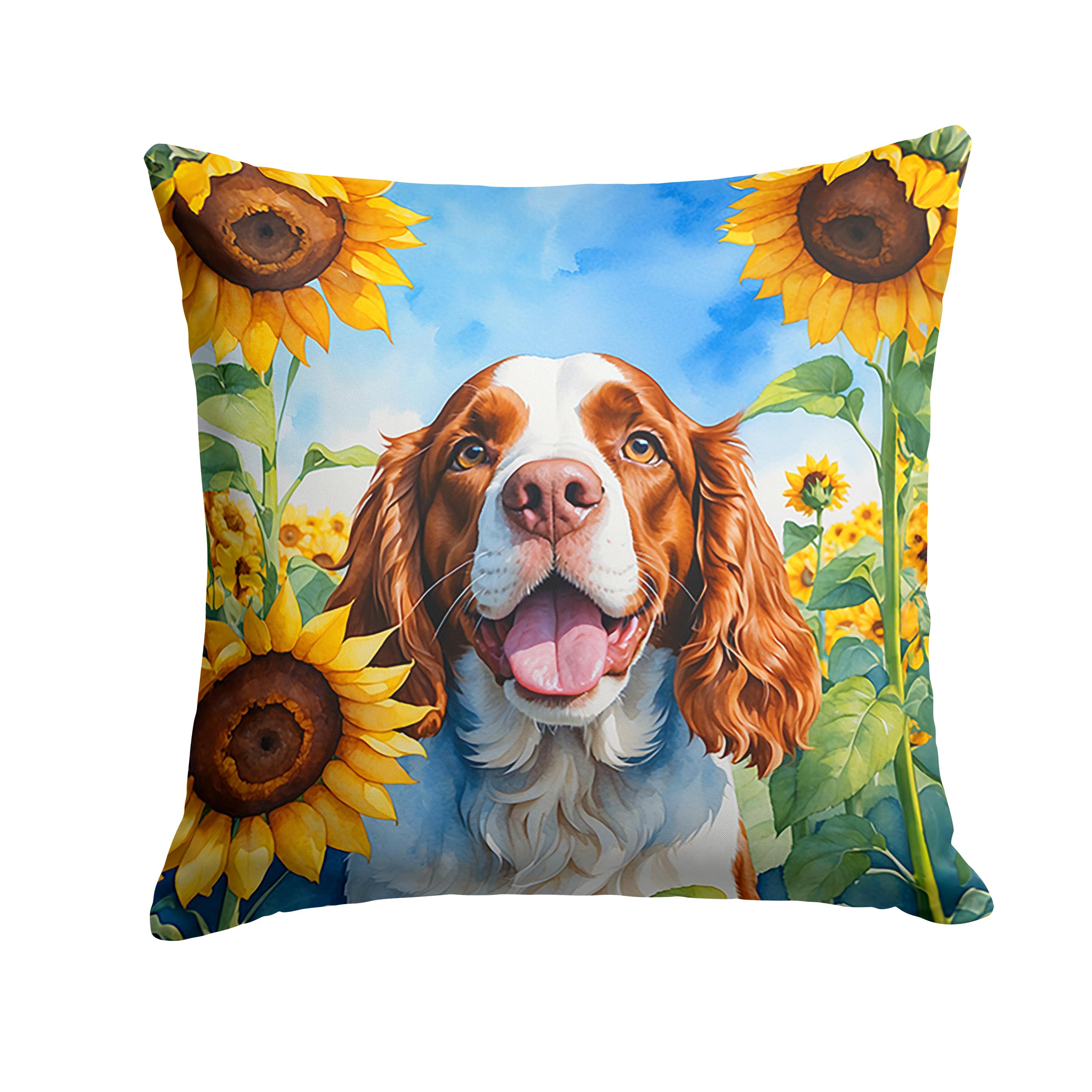 Carolines Treasures in Sunflowers Throw Pillow, 14Hx14W, Welsh Springer Spaniel 6171