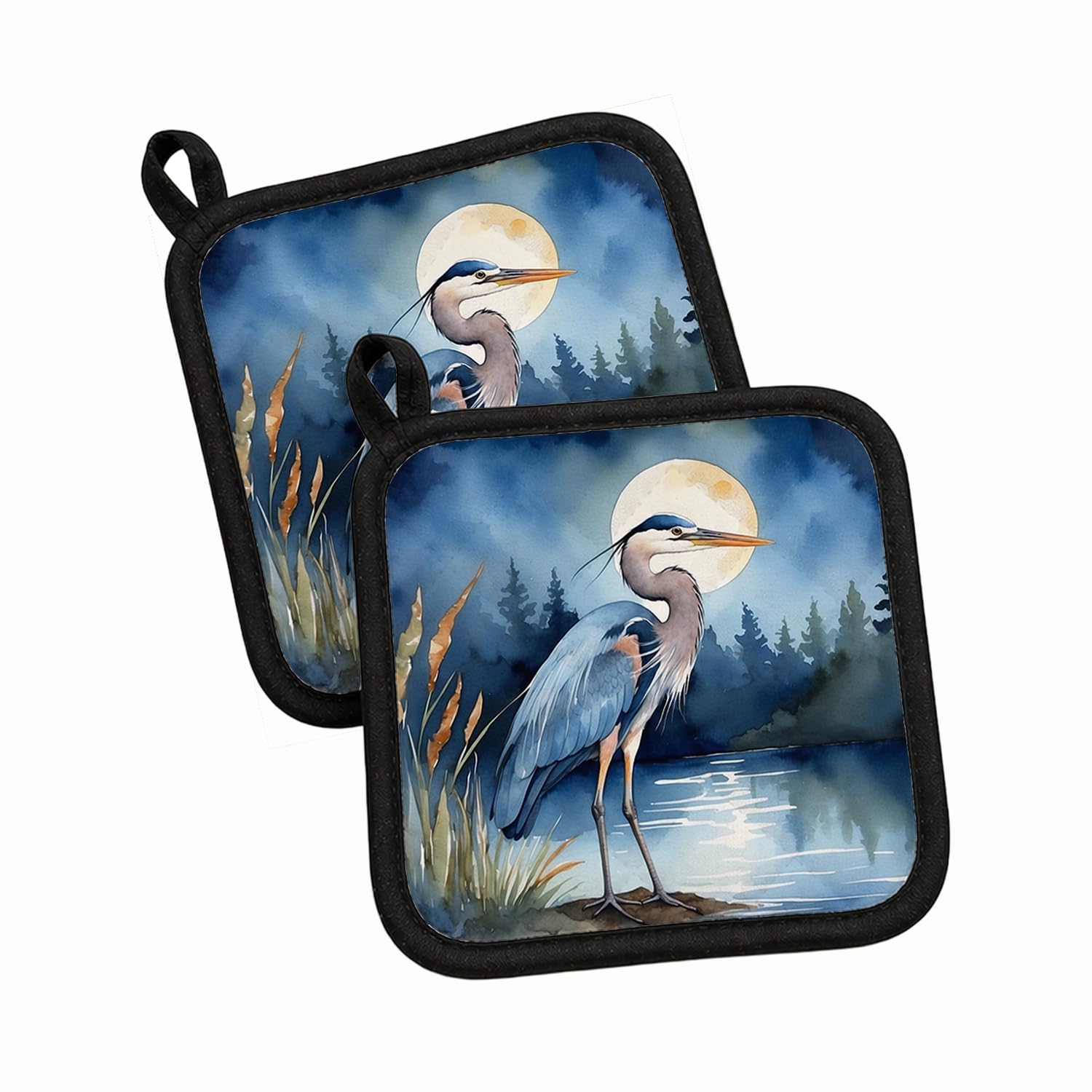 Carolines Treasures Blue Heron Under the Moonlight Pair of Pot Holders Kitchen Heat Resistant Pot Holders Sets Oven Hot Pads for Cooking Baking BBQ, 7 1/2 x 7 1/2