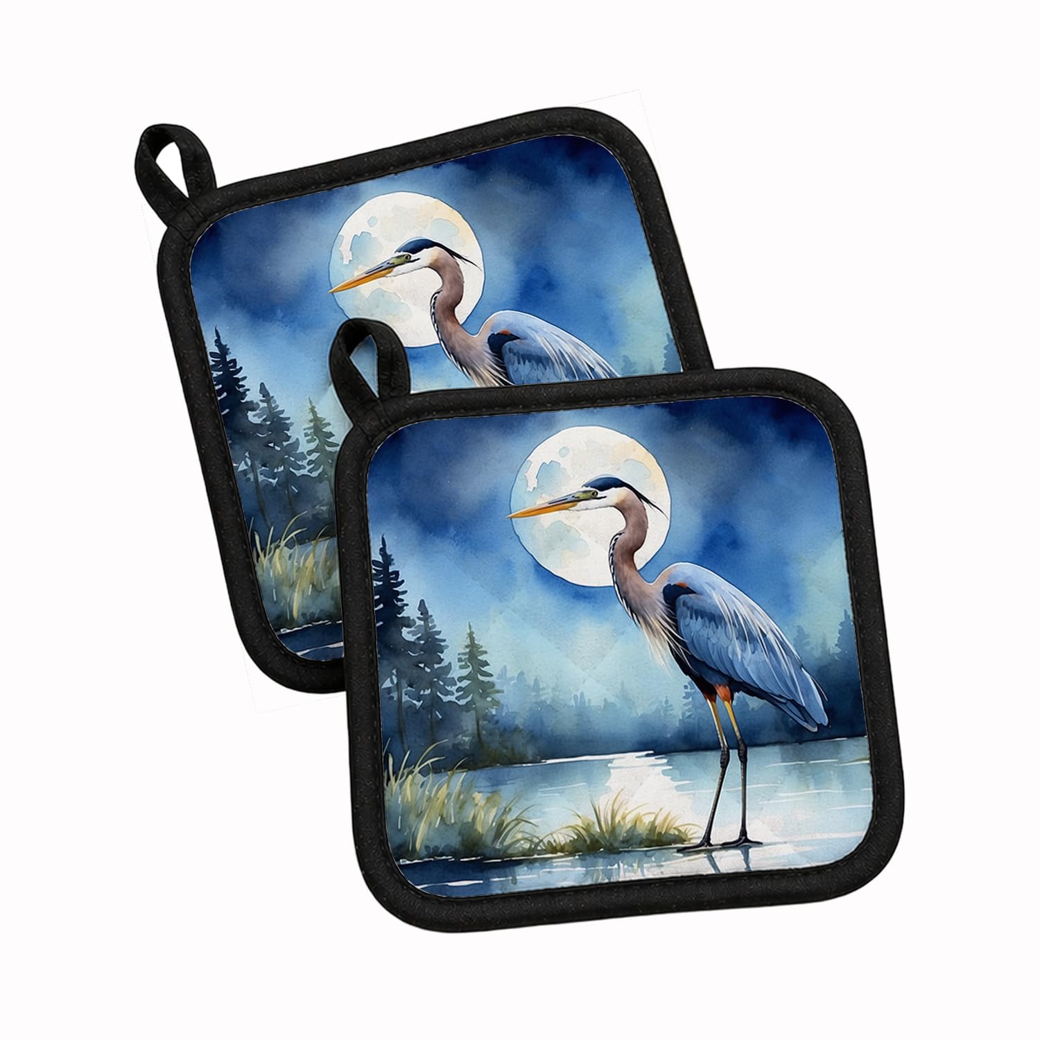 Carolines Treasures Blue Heron Under the Moonlight Pair of Pot Holders Kitchen Heat Resistant Pot Holders Sets Oven Hot Pads for Cooking Baking BBQ, 7 1/2 x 7 1/2
