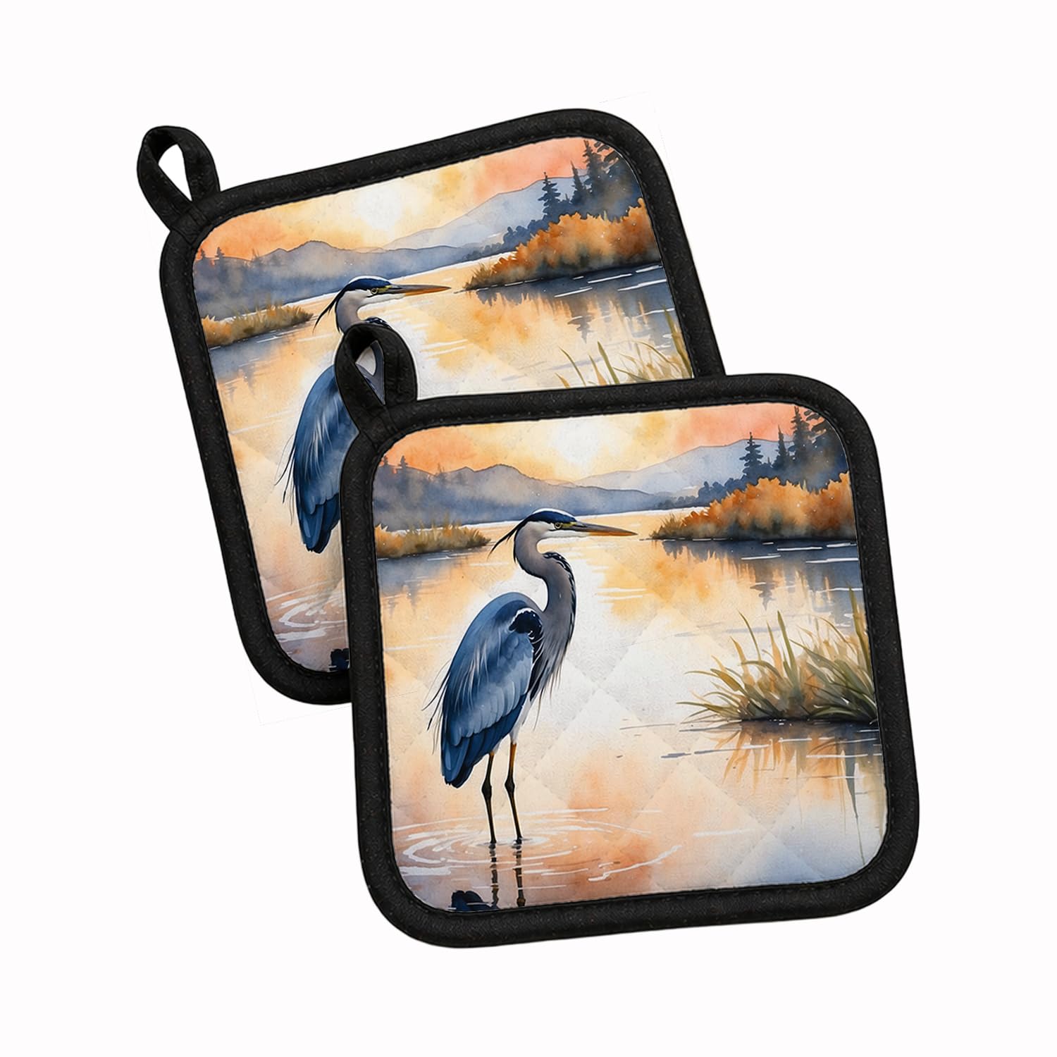 Carolines Treasures Blue Heron in the Golden Hour Pair of Pot Holders Kitchen Heat Resistant Pot Holders Sets Oven Hot Pads for Cooking Baking BBQ, 7 1/2 x 7 1/2