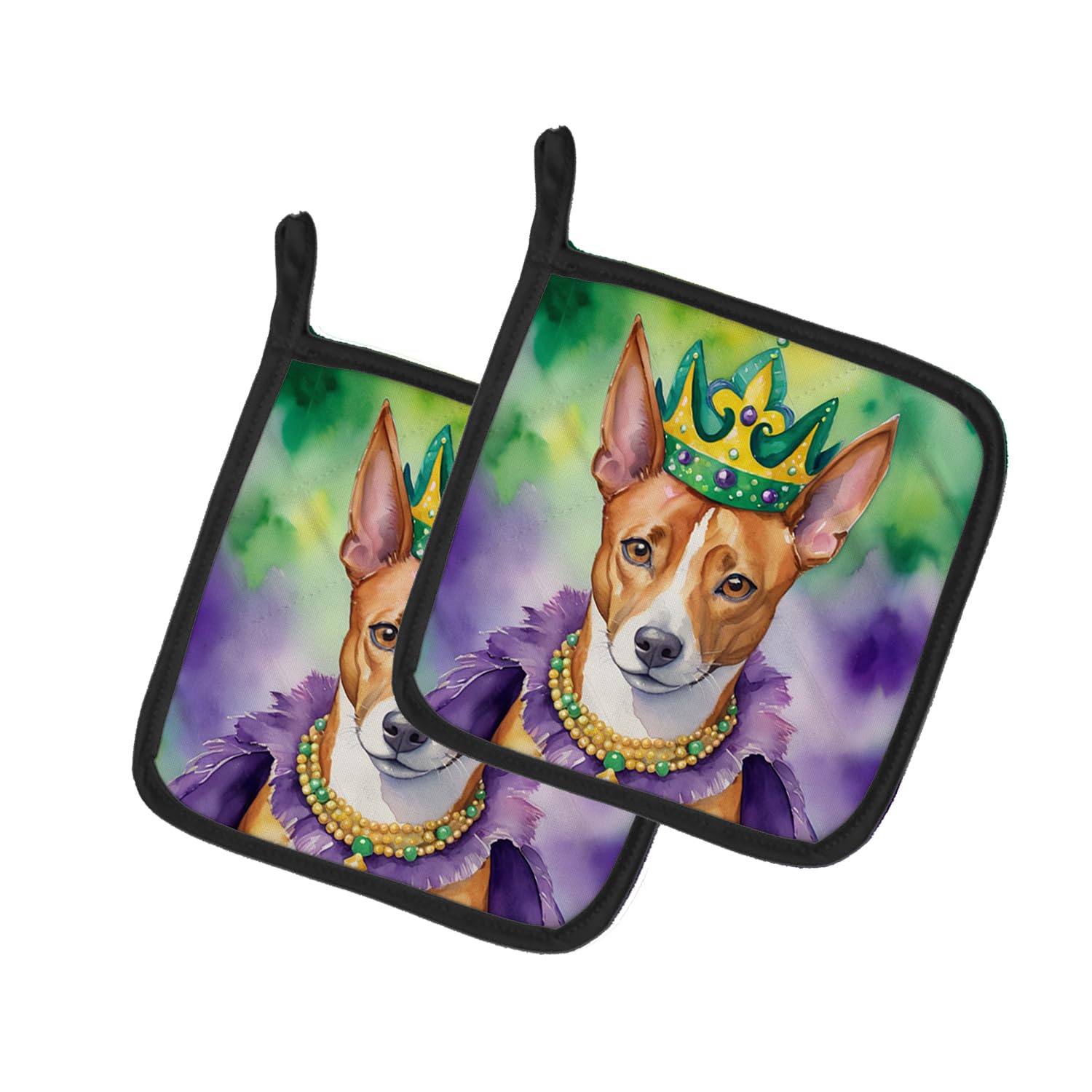 Carolines Treasures Basenji King of Mardi Gras Pair of Pot Holders Kitchen Heat Resistant Pot Holders Sets Oven Hot Pads for Cooking Baking BBQ, 7 1/2 x 7 1/2