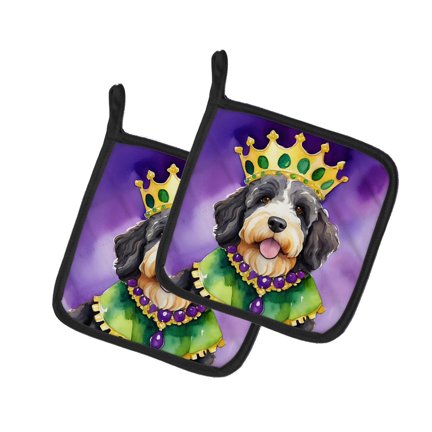 Carolines Treasures Bernedoodle King of Mardi Gras Pair of Pot Holders Kitchen Heat Resistant Pot Holders Sets Oven Hot Pads for Cooking Baking BBQ, 7 1/2 x 7 1/2