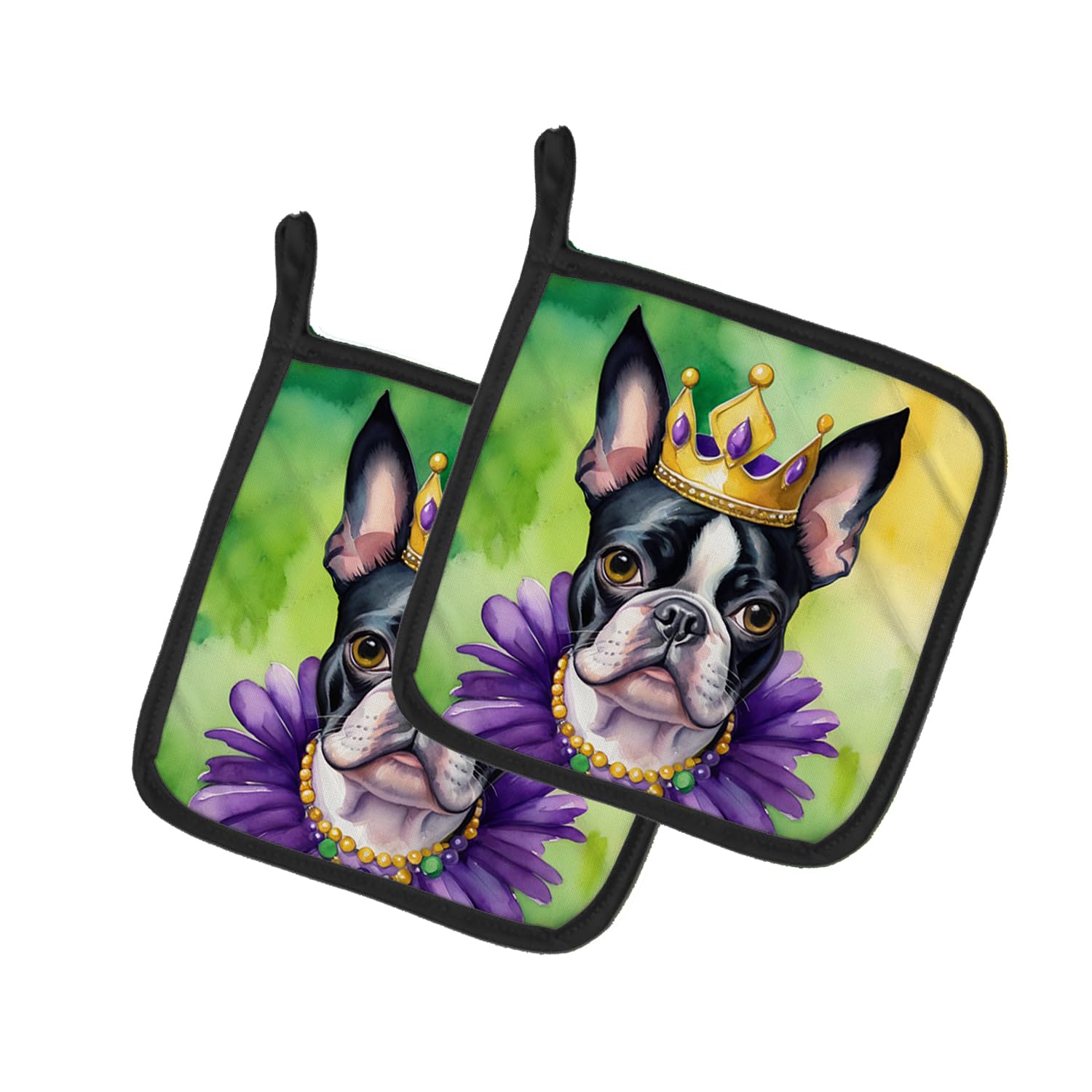 Carolines Treasures Boston Terrier King of Mardi Gras Pair of Pot Holders Kitchen Heat Resistant Pot Holders Sets Oven Hot Pads for Cooking Baking BBQ, 7 1/2 x 7 1/2