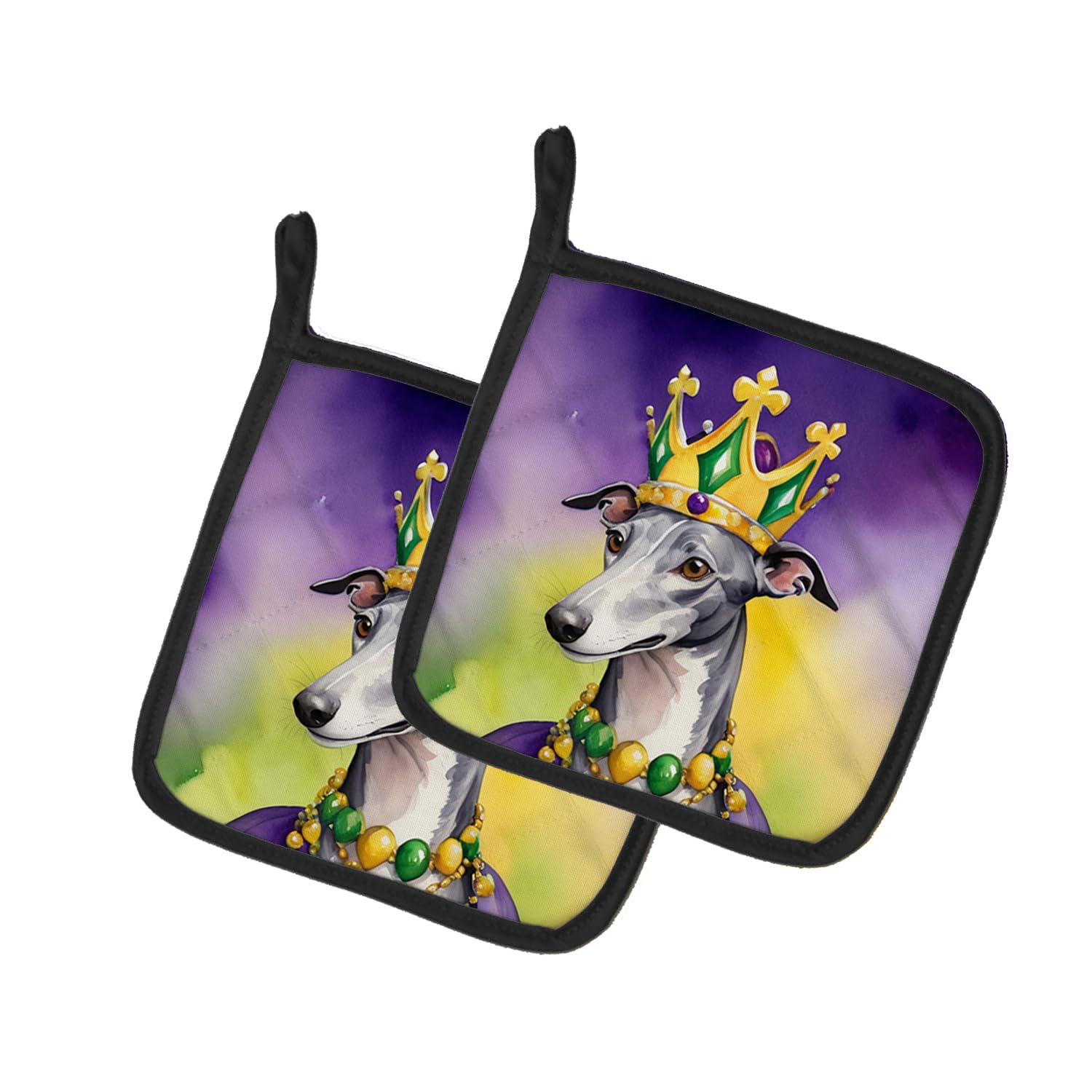 Carolines Treasures Greyhound King of Mardi Gras Pair of Pot Holders Kitchen Heat Resistant Pot Holders Sets Oven Hot Pads for Cooking Baking BBQ, 7 1/2 x 7 1/2