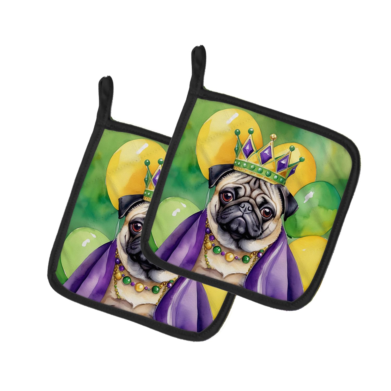 Carolines Treasures Pug King of Mardi Gras Pair of Pot Holders Kitchen Heat Resistant Pot Holders Sets Oven Hot Pads for Cooking Baking BBQ, 7 1/2 x 7 1/2