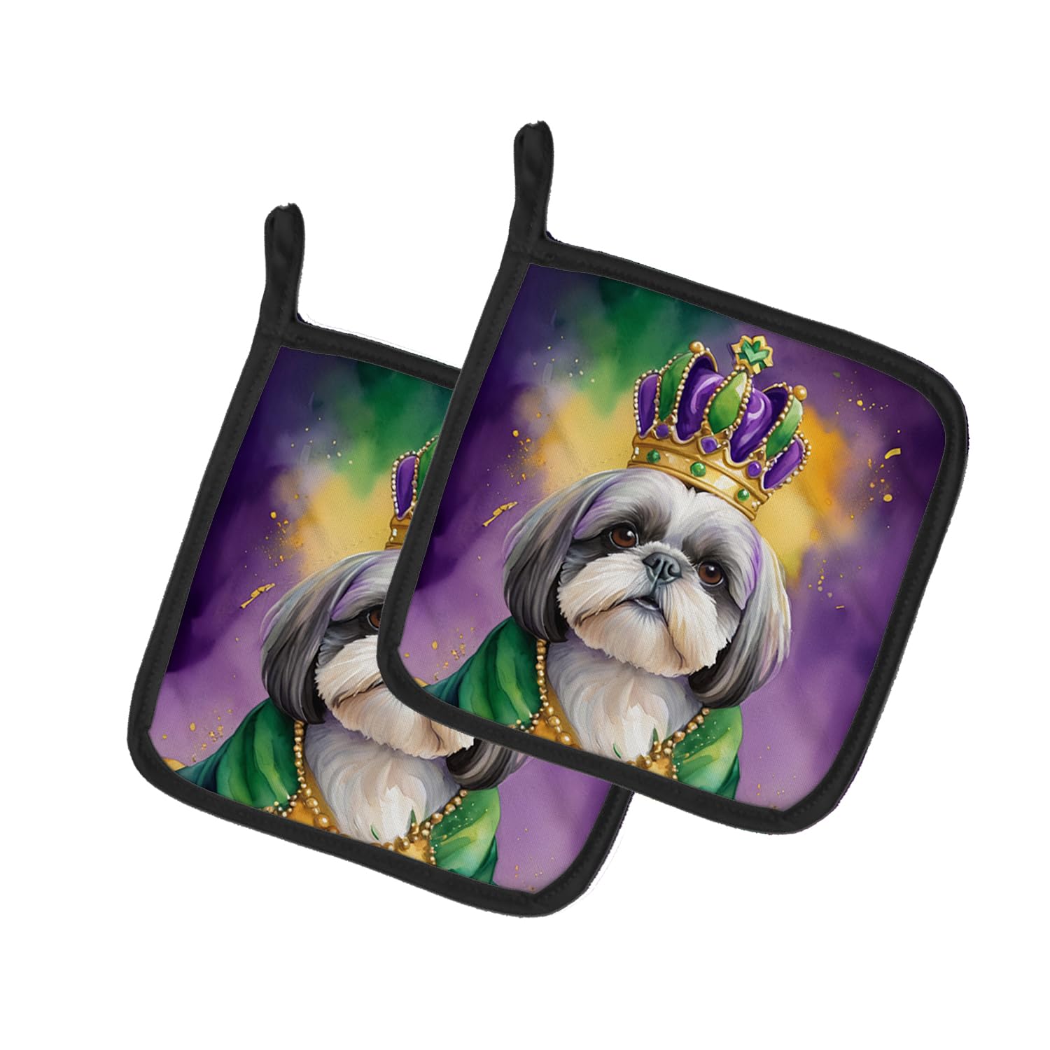 Carolines Treasures Shih Tzu King of Mardi Gras Pair of Pot Holders Kitchen Heat Resistant Pot Holders Sets Oven Hot Pads for Cooking Baking BBQ, 7 1/2 x 7 1/2