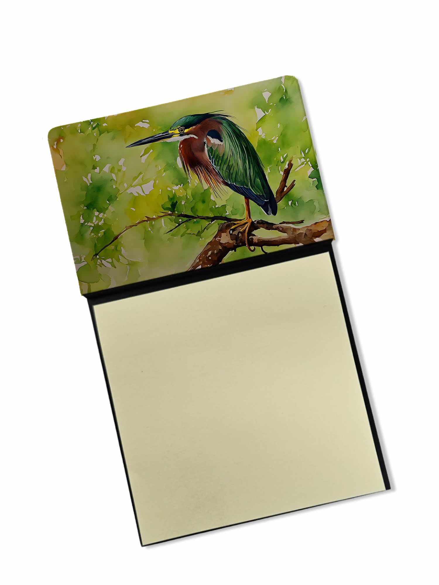 Carolines Treasures Green Heron Sticky Note Holder Refillable Dispenser Self-Sticky Note Pads, Memo Pads Blank Desk Accessories