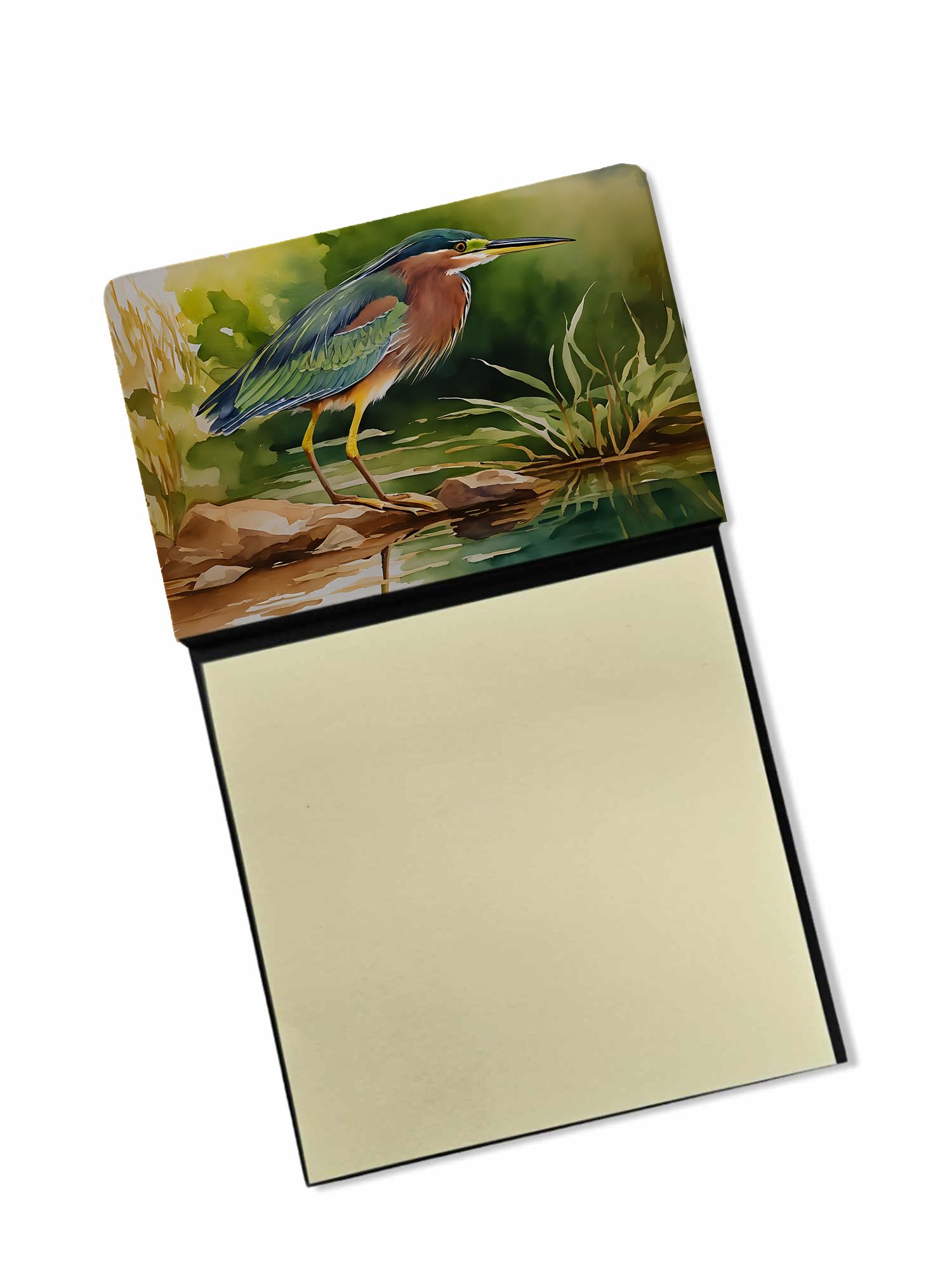 Carolines Treasures Green Heron Sticky Note Holder Refillable Dispenser Self-Sticky Note Pads, Memo Pads Blank Desk Accessories