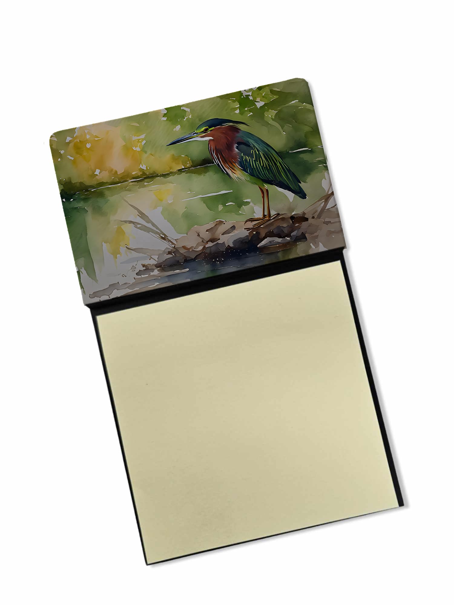 Carolines Treasures Green Heron Sticky Note Holder Refillable Dispenser Self-Sticky Note Pads, Memo Pads Blank Desk Accessories