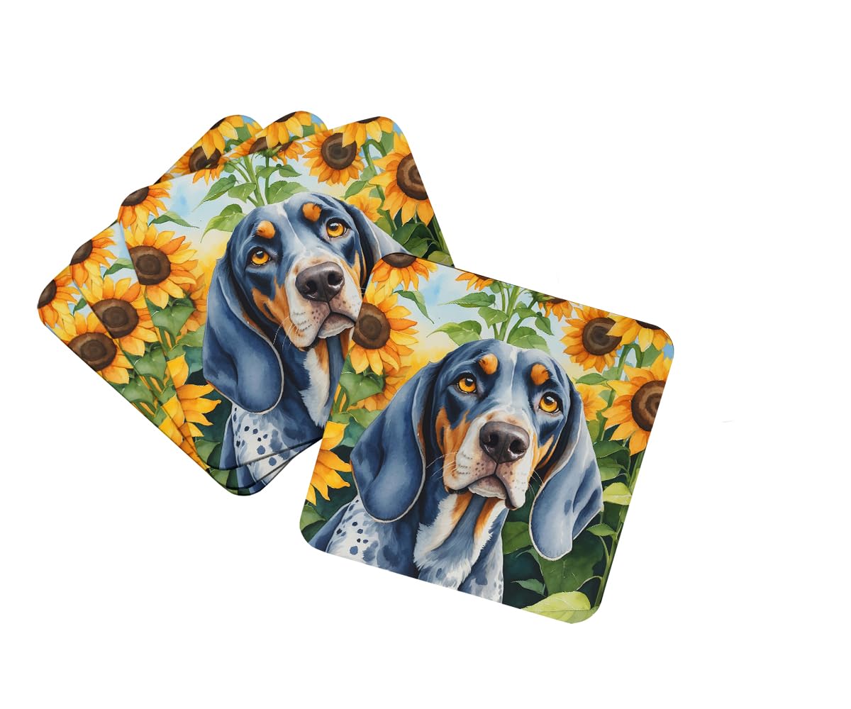 Carolines Treasures Bluetick Coonhound in Sunflowers Foam Coasters Set of 4 Cup Coasters for Indoor Outdoor, Tabletop Protection, Anti Slip, Mouse pad Material