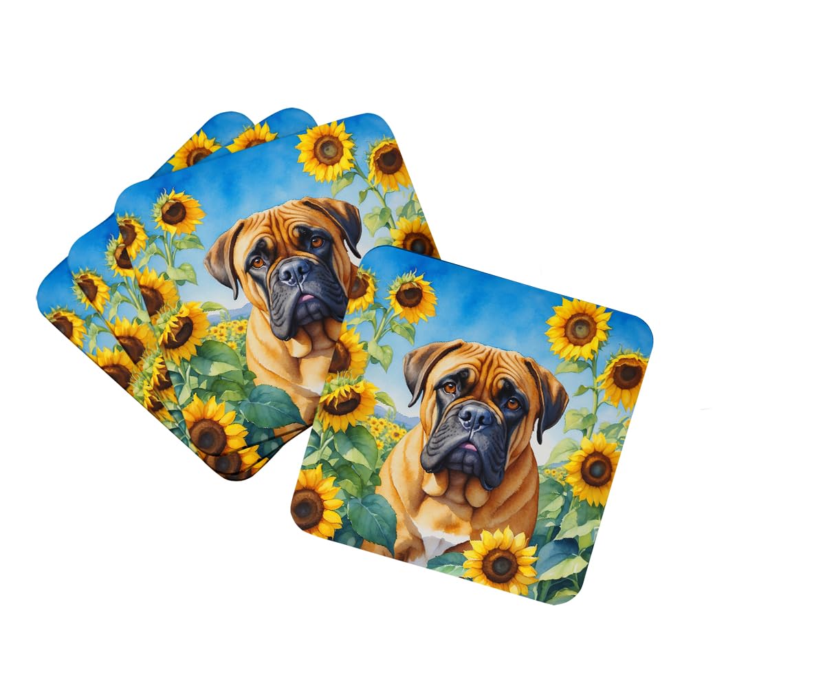 Carolines Treasures Bullmastiff in Sunflowers Foam Coasters Set of 4 Cup Coasters for Indoor Outdoor, Tabletop Protection, Anti Slip, Mouse pad Material