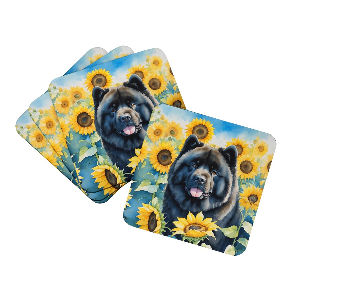 Carolines Treasures Chow Chow in Sunflowers Foam Coasters Set of 4 Cup Coasters for Indoor Outdoor, Tabletop Protection, Anti Slip, Mouse pad Material