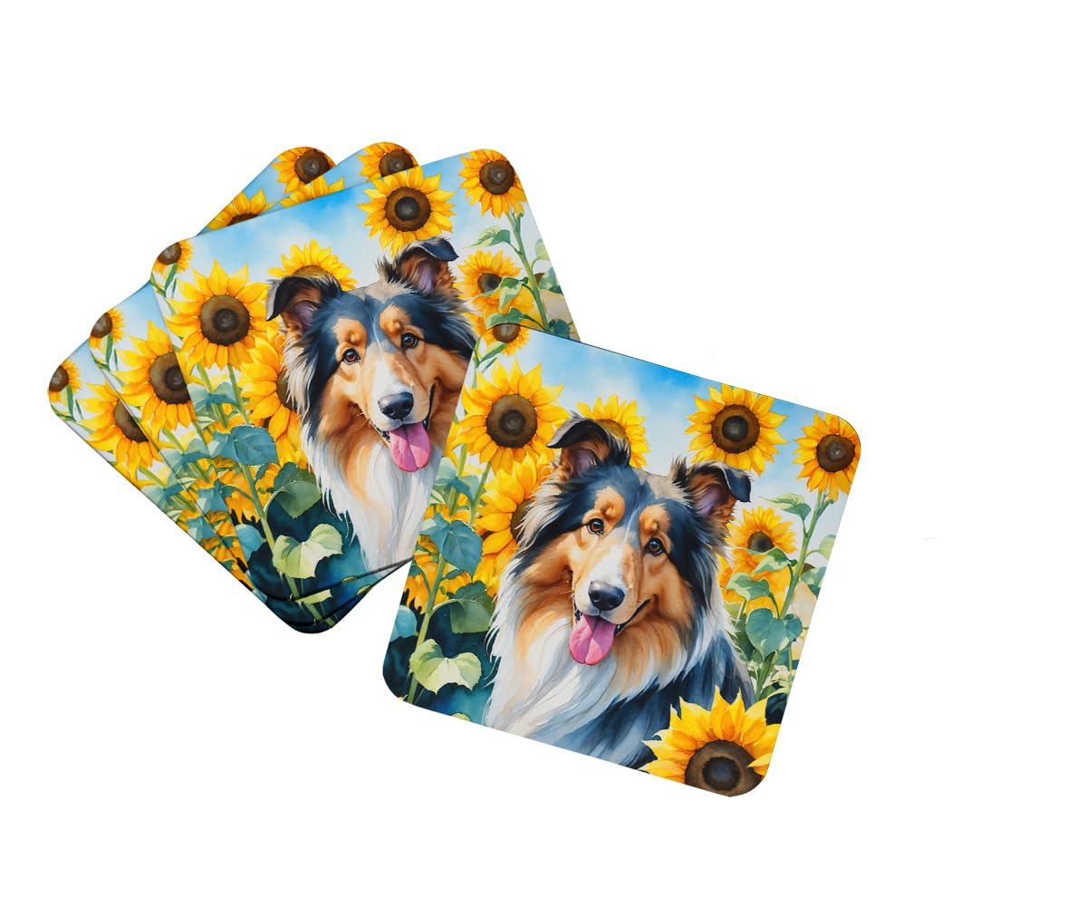 Carolines Treasures Collie in Sunflowers Foam Coasters Set of 4 Cup Coasters for Indoor Outdoor, Tabletop Protection, Anti Slip, Mouse pad Material