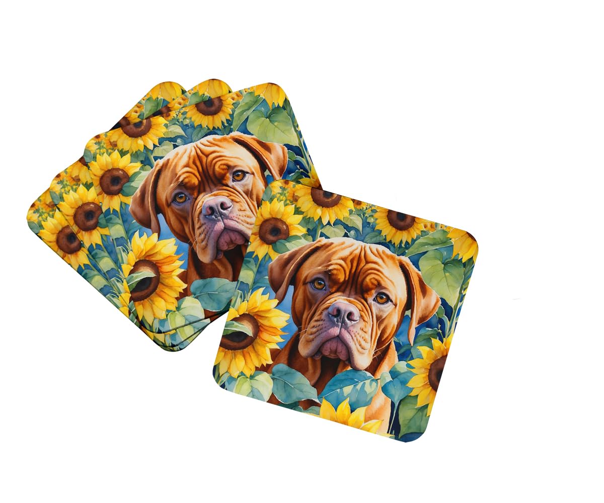 Carolines Treasures Dogue de Bordeaux in Sunflowers Foam Coasters Set of 4 Cup Coasters for Indoor Outdoor, Tabletop Protection, Anti Slip, Mouse pad Material