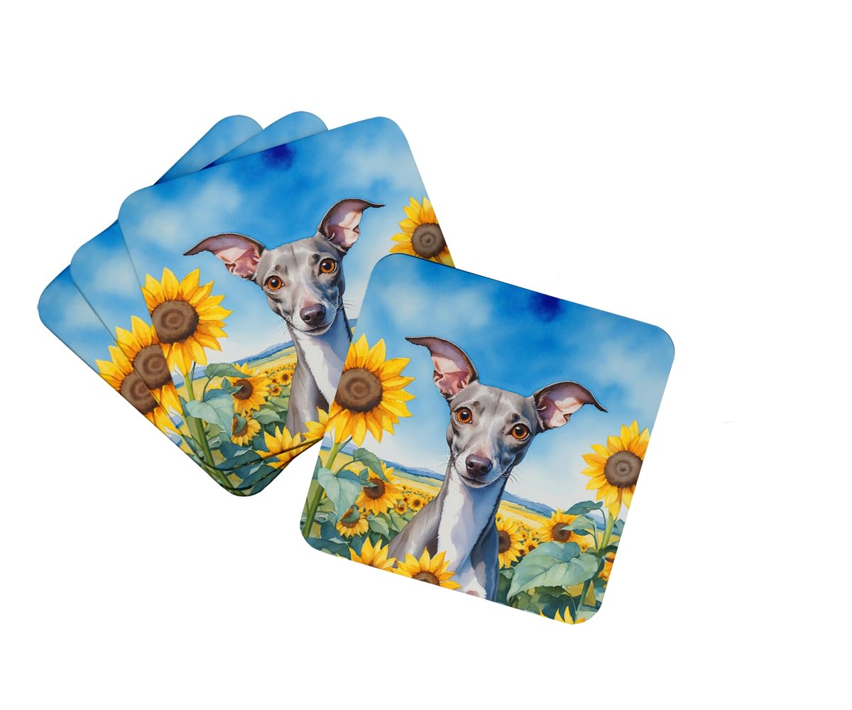 Carolines Treasures Italian Greyhound in Sunflowers Foam Coasters Set of 4 Cup Coasters for Indoor Outdoor, Tabletop Protection, Anti Slip, Mouse pad Material