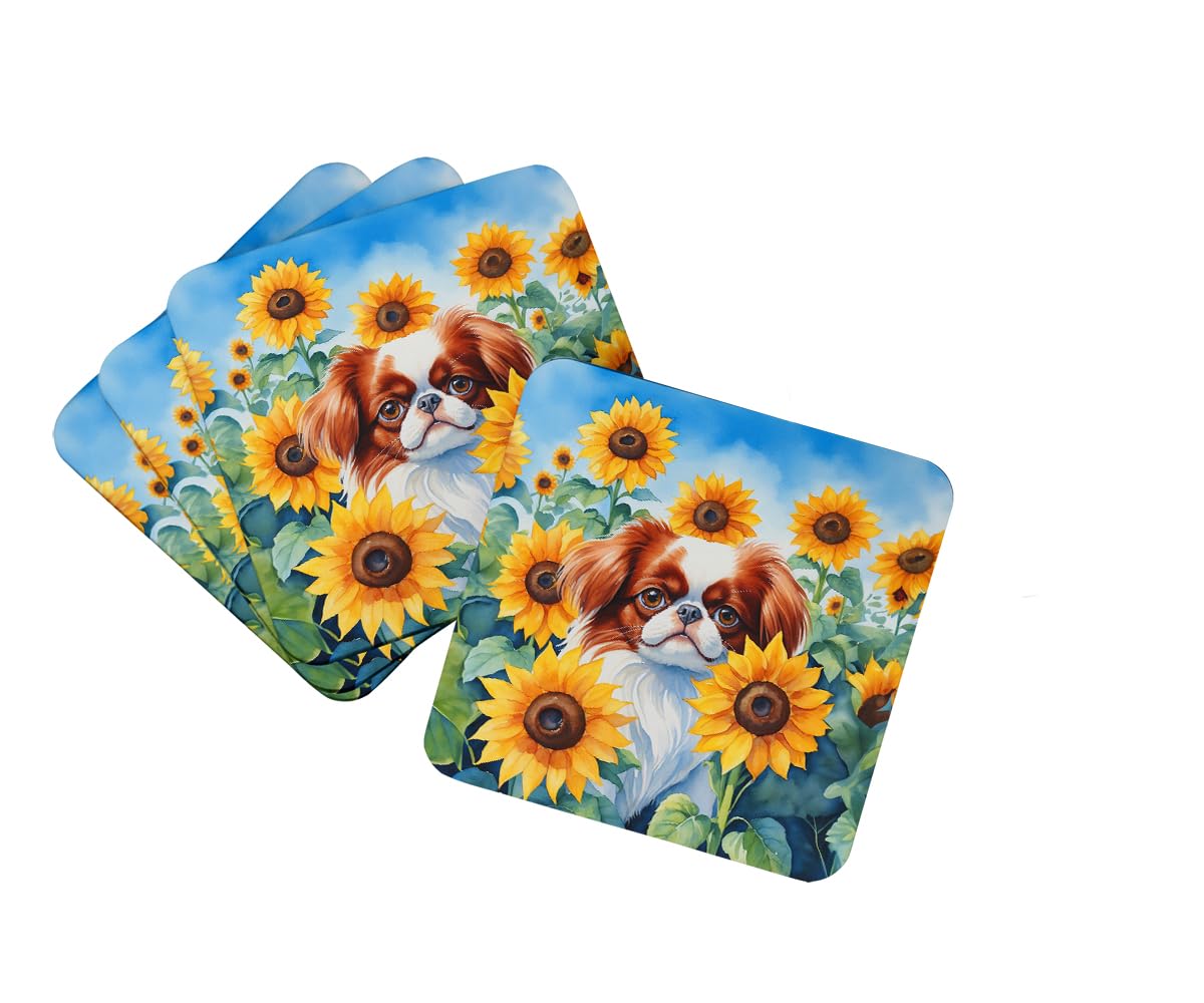 Carolines Treasures Japanese Chin in Sunflowers Foam Coasters Set of 4 Cup Coasters for Indoor Outdoor, Tabletop Protection, Anti Slip, Mouse pad Material