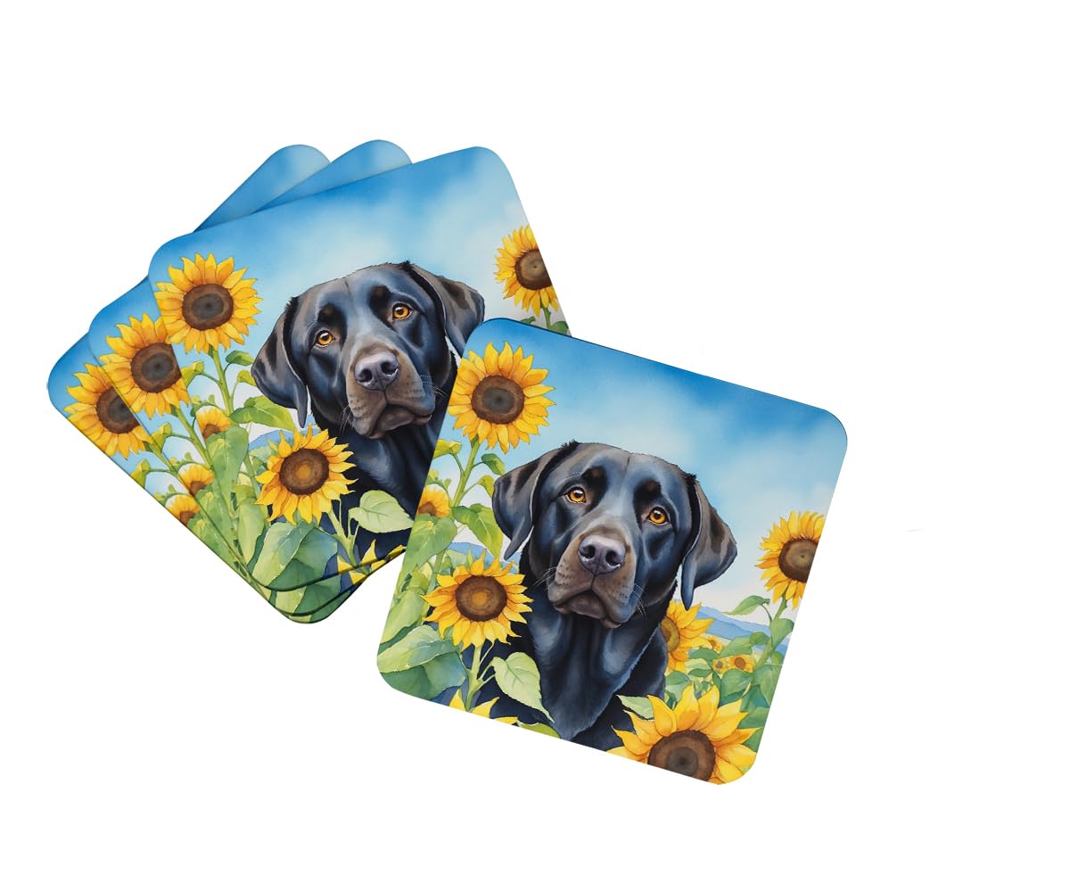 Carolines Treasures Labrador Retriever in Sunflowers Foam Coasters Set of 4 Cup Coasters for Indoor Outdoor, Tabletop Protection, Anti Slip, Mouse pad Material