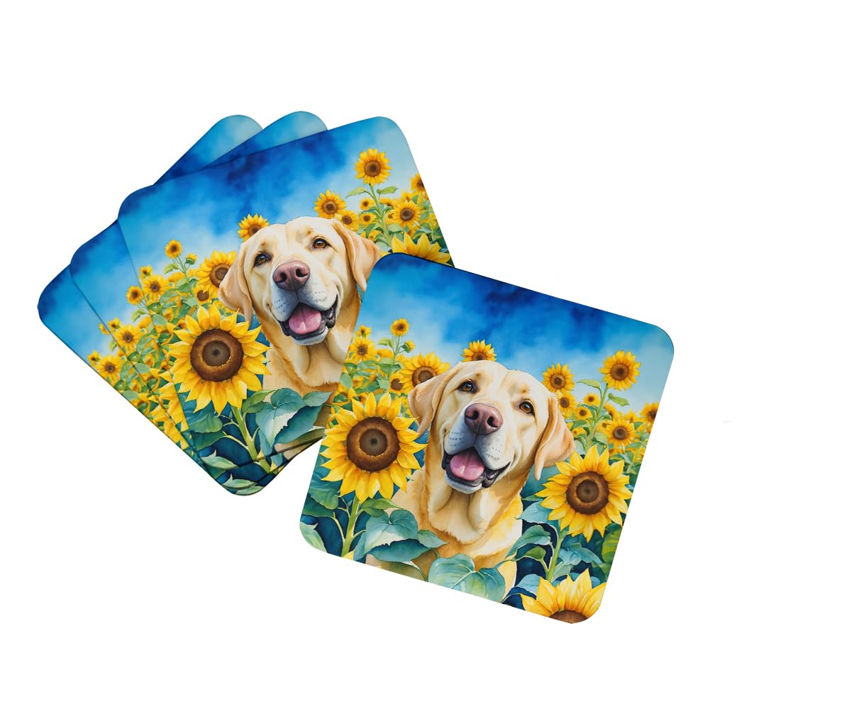 Carolines Treasures Labrador Retriever in Sunflowers Foam Coasters Set of 4 Cup Coasters for Indoor Outdoor, Tabletop Protection, Anti Slip, Mouse pad Material
