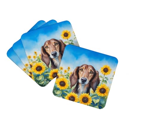 Carolines Treasures Saluki in Sunflowers Foam Coasters Set of 4 Cup Coasters for Indoor Outdoor, Tabletop Protection, Anti Slip, Mouse pad Material