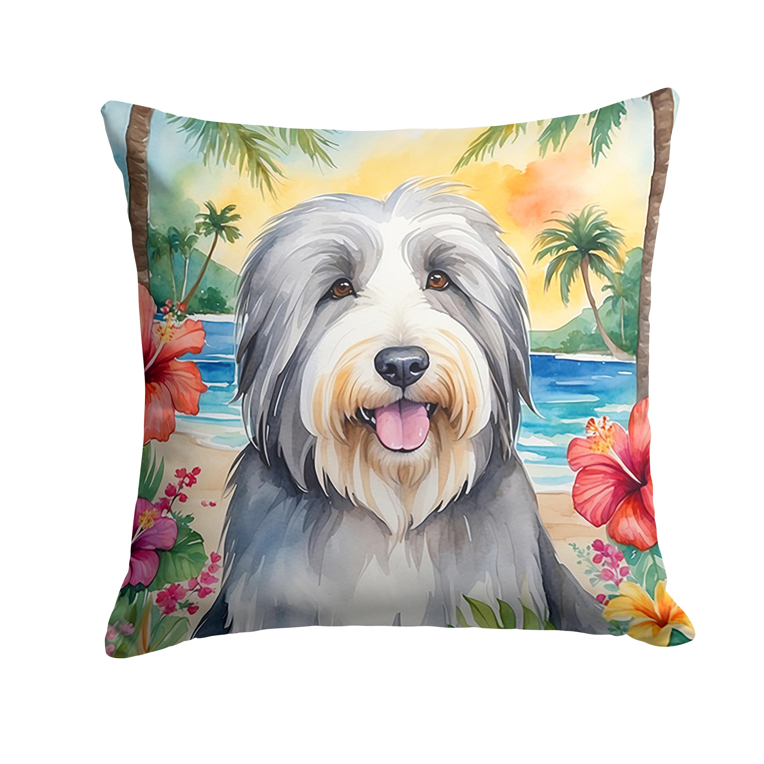 Carolines Treasures Luau Party Decorative Throw Pillow, 14Hx14W, Bearded Collie 6364