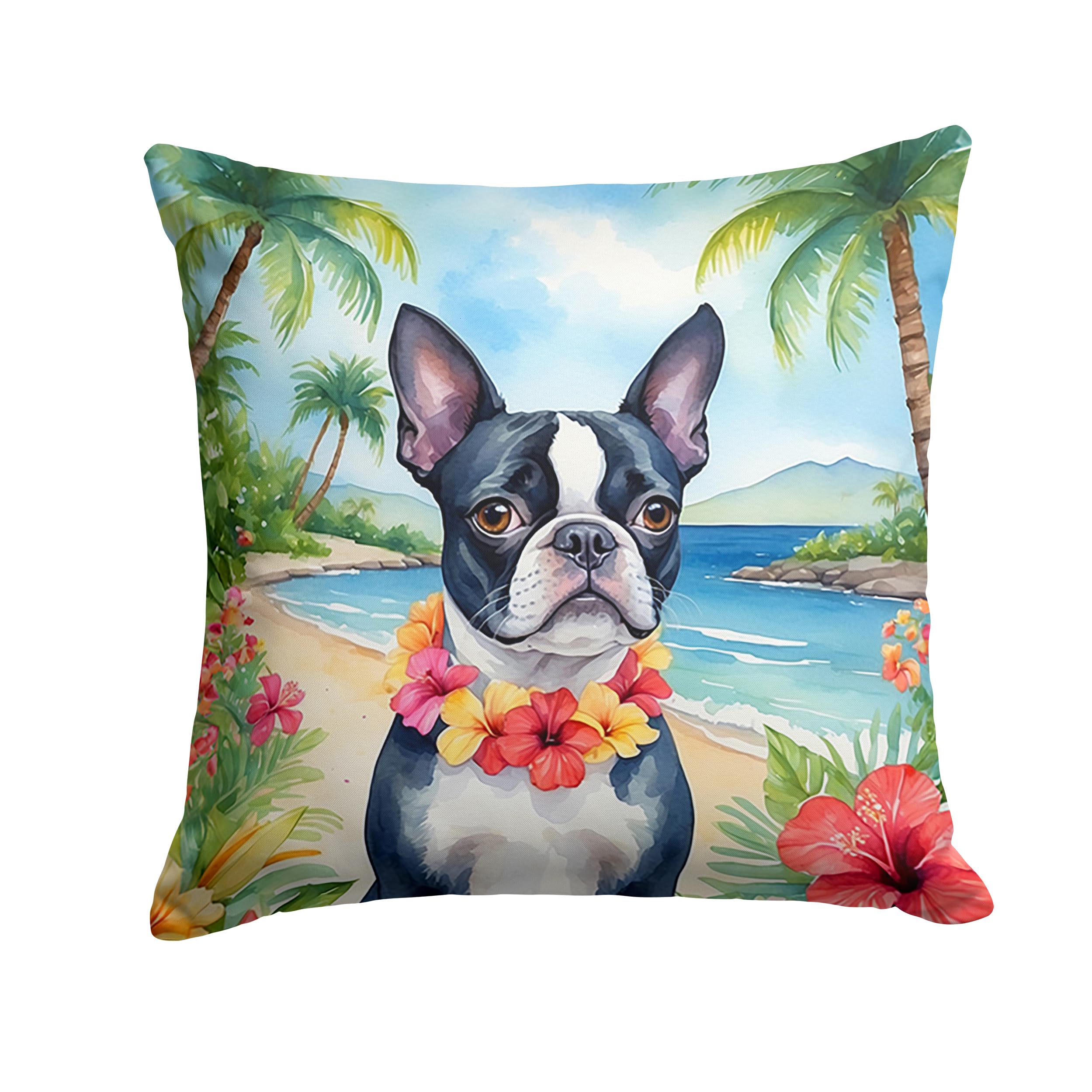 Carolines Treasures Luau Party Decorative Throw Pillow, 14Hx14W, Boston Terrier 6381