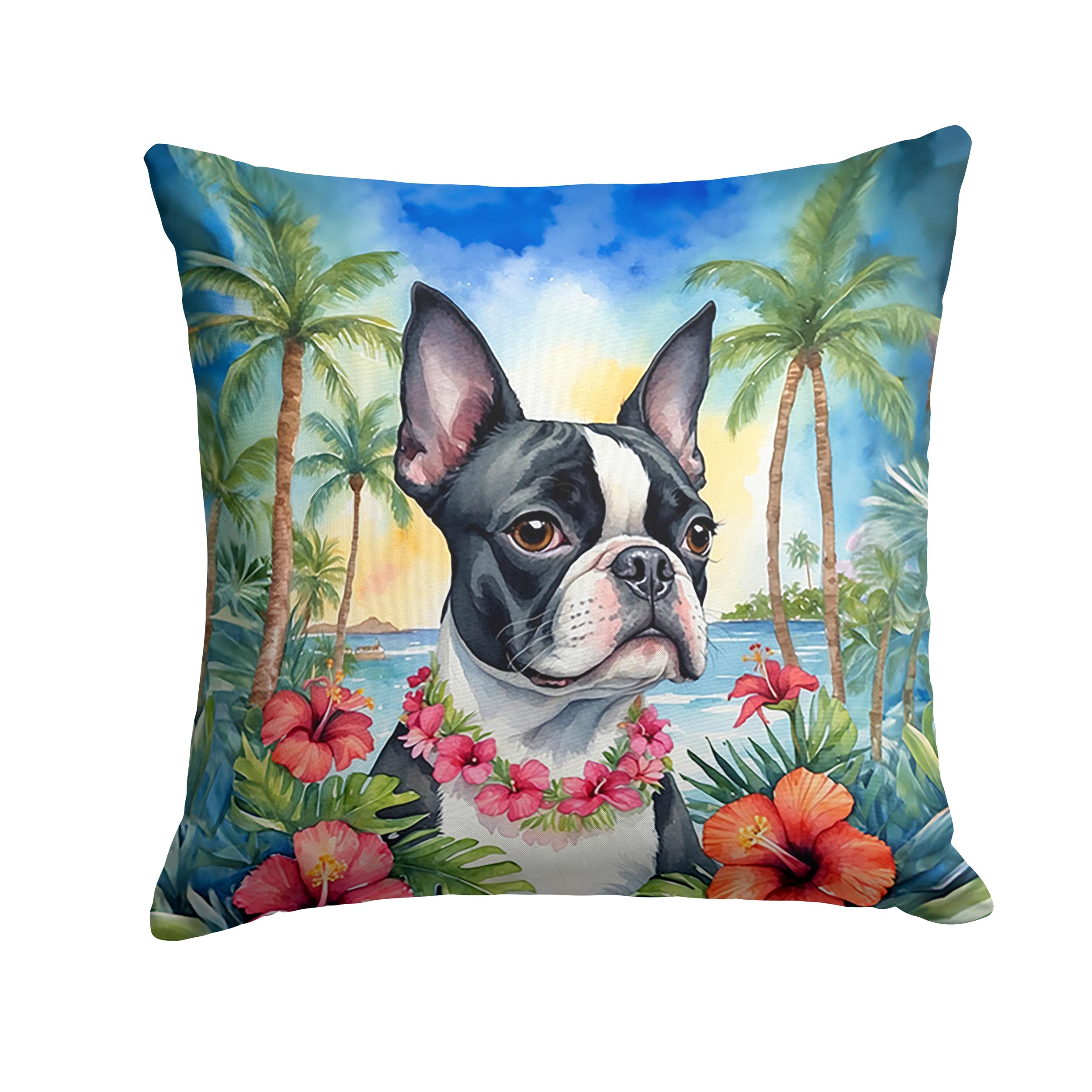 Carolines Treasures Luau Party Decorative Throw Pillow, 14Hx14W, Boston Terrier 6382