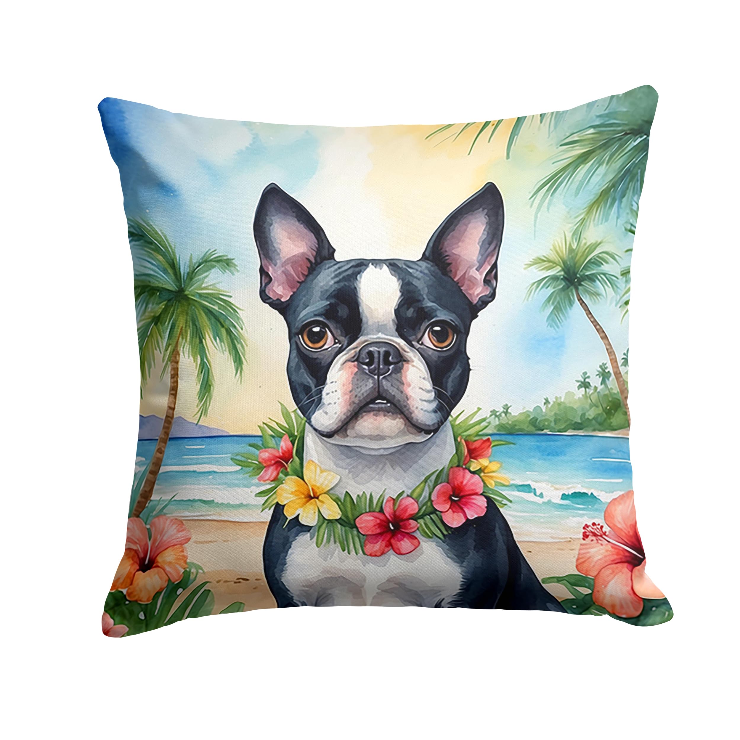 Carolines Treasures Luau Party Decorative Throw Pillow, 14Hx14W, Boston Terrier 6383