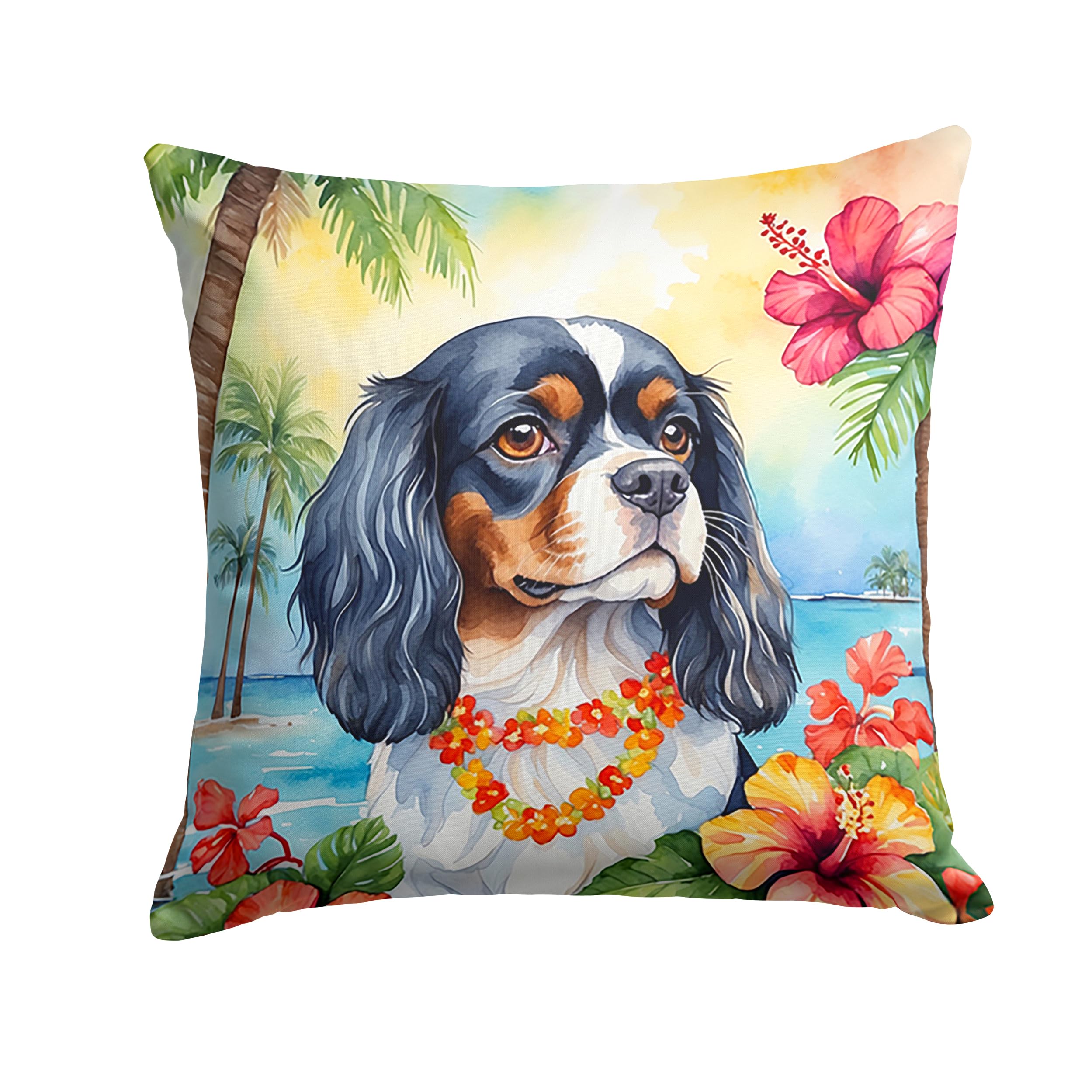 Carolines Treasures Luau Party Decorative Throw Pillow, 14Hx14W, Cavalier Spaniel 6400