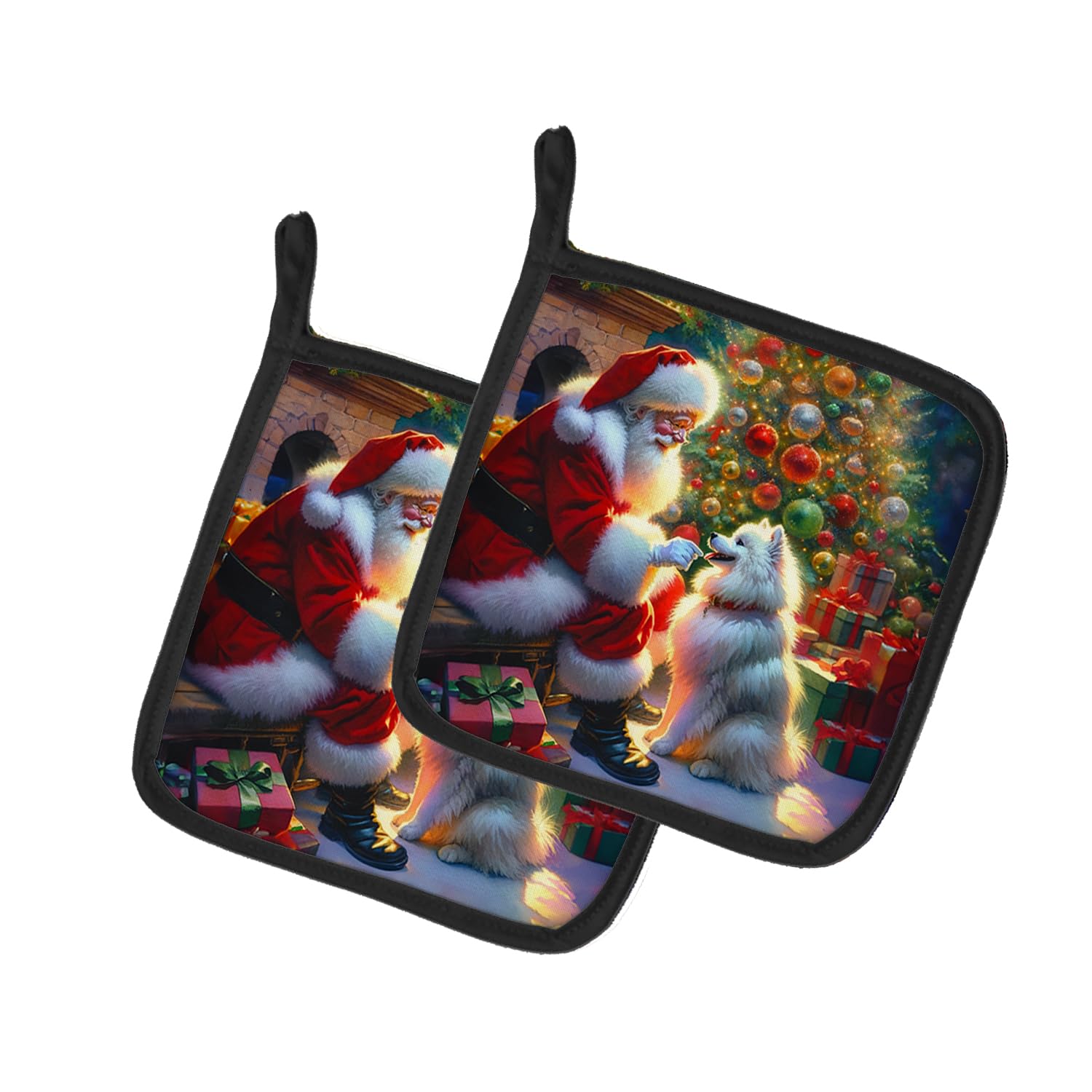 Carolines Treasures American Eskimo and Santa Claus Pair of Pot Holders Kitchen Heat Resistant Pot Holders Sets Oven Hot Pads for Cooking Baking BBQ, 7 1/2 x 7 1/2