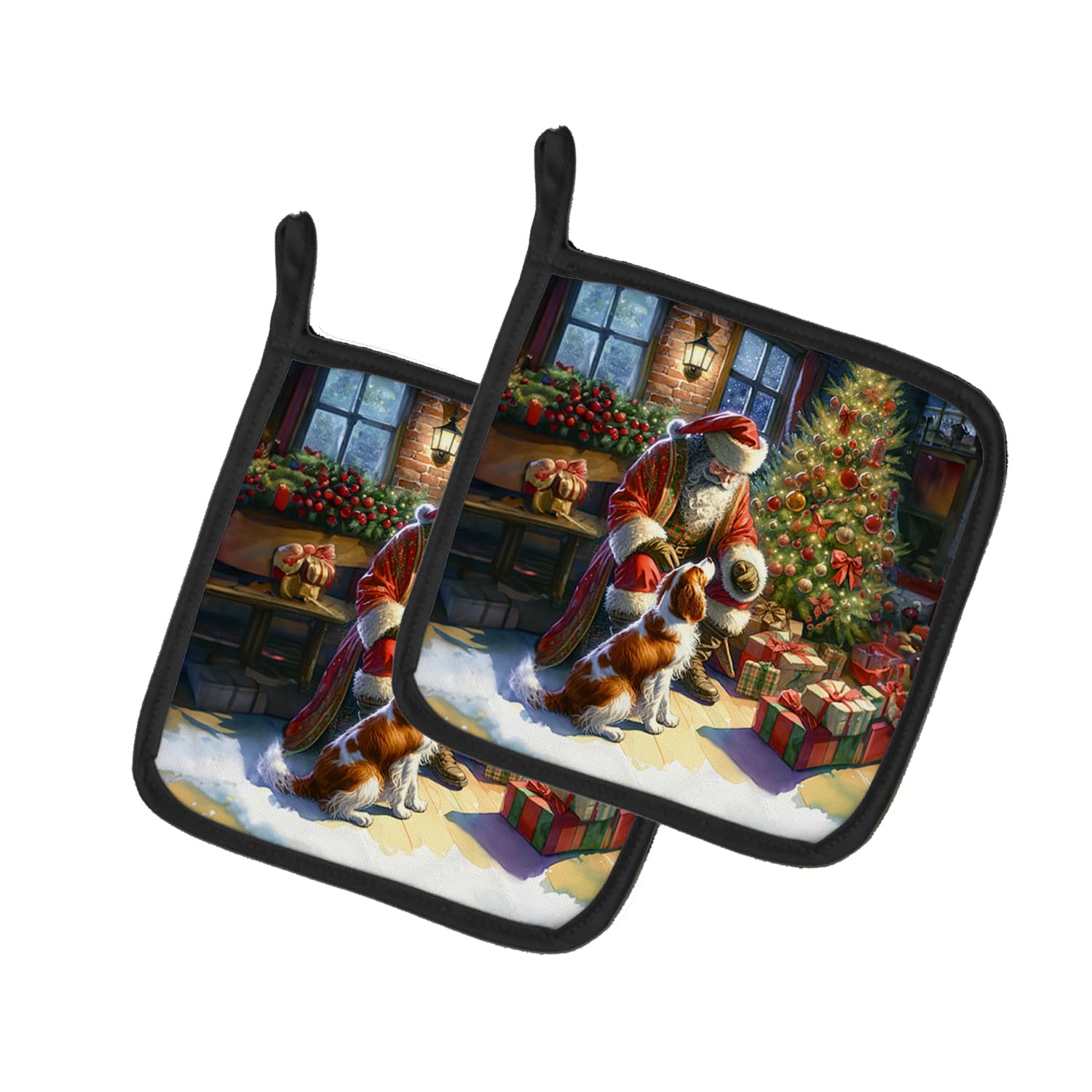 Carolines Treasures Brittany and Santa Claus Pair of Pot Holders Kitchen Heat Resistant Pot Holders Sets Oven Hot Pads for Cooking Baking BBQ, 7 1/2 x 7 1/2