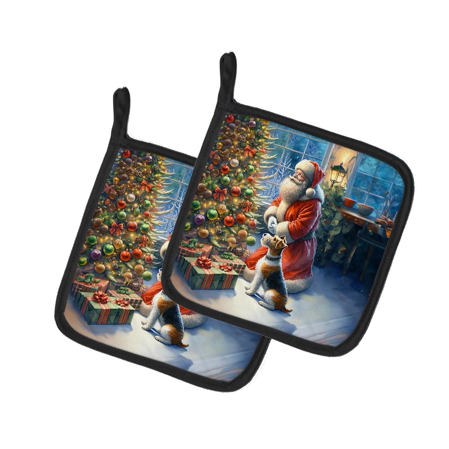 Carolines Treasures Fox Terrier and Santa Claus Pair of Pot Holders Kitchen Heat Resistant Pot Holders Sets Oven Hot Pads for Cooking Baking BBQ, 7 1/2 x 7 1/2